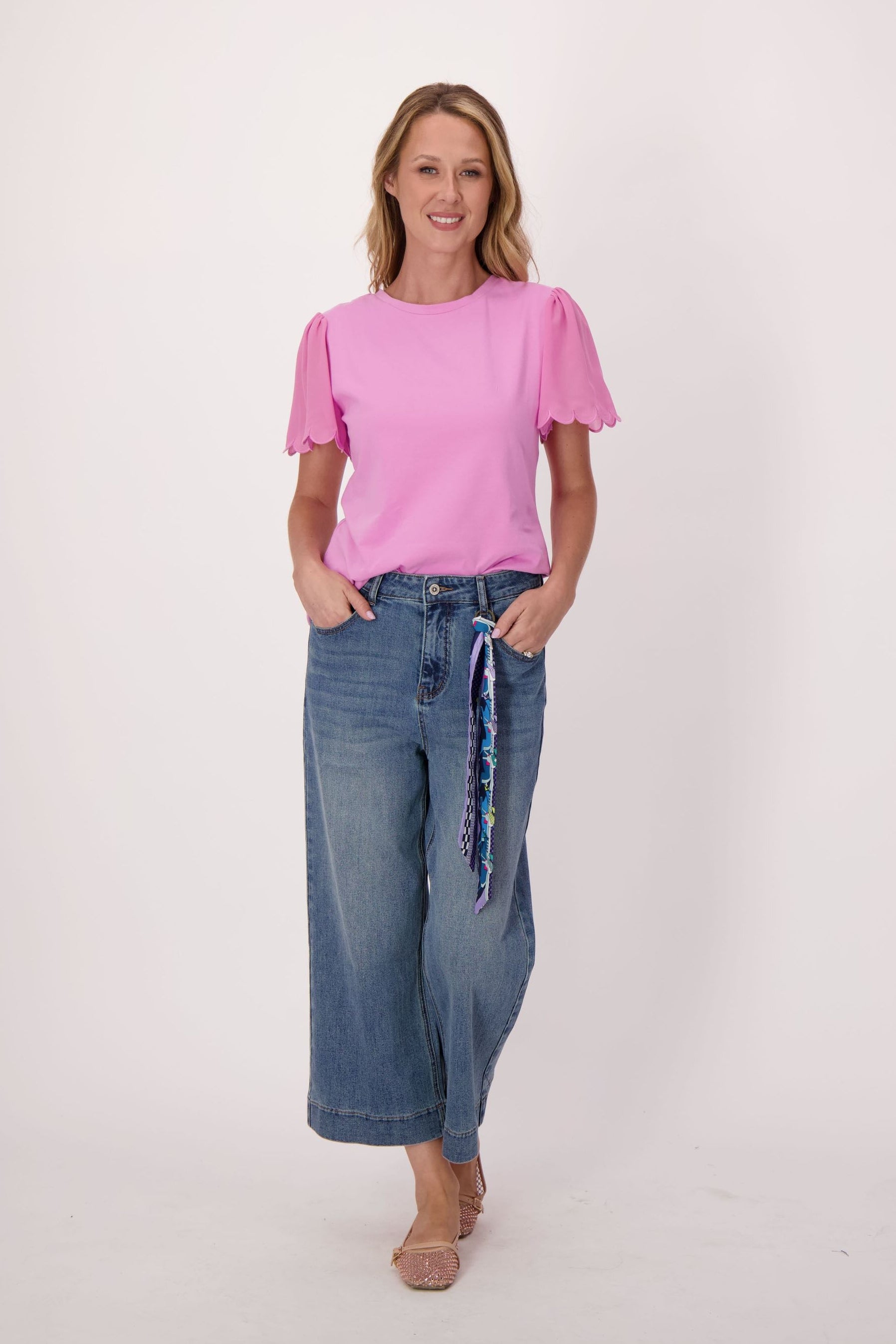 Chiffon Scallop Sleeve Cotton T-Shirt