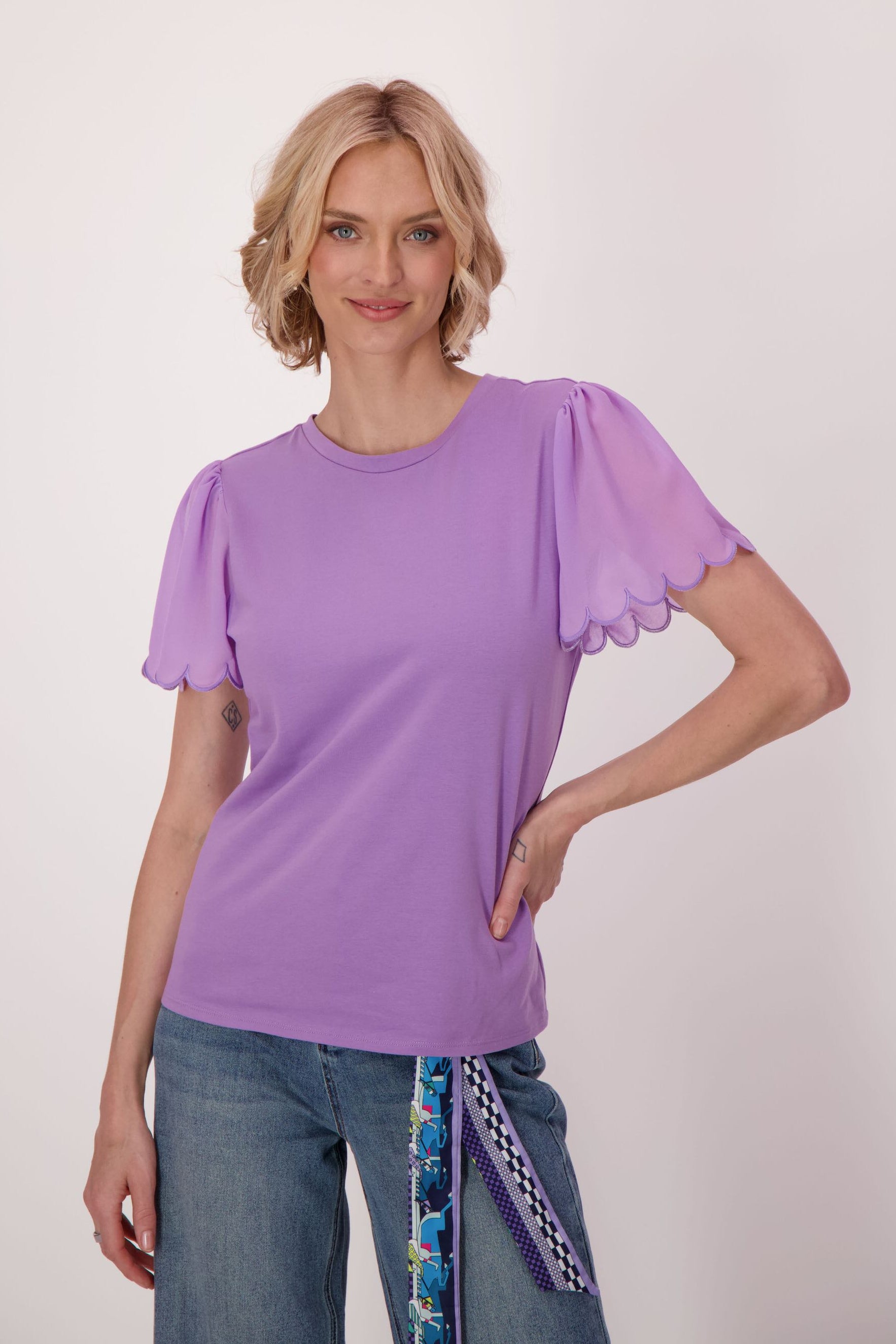 Chiffon Scallop Sleeve Cotton T-Shirt