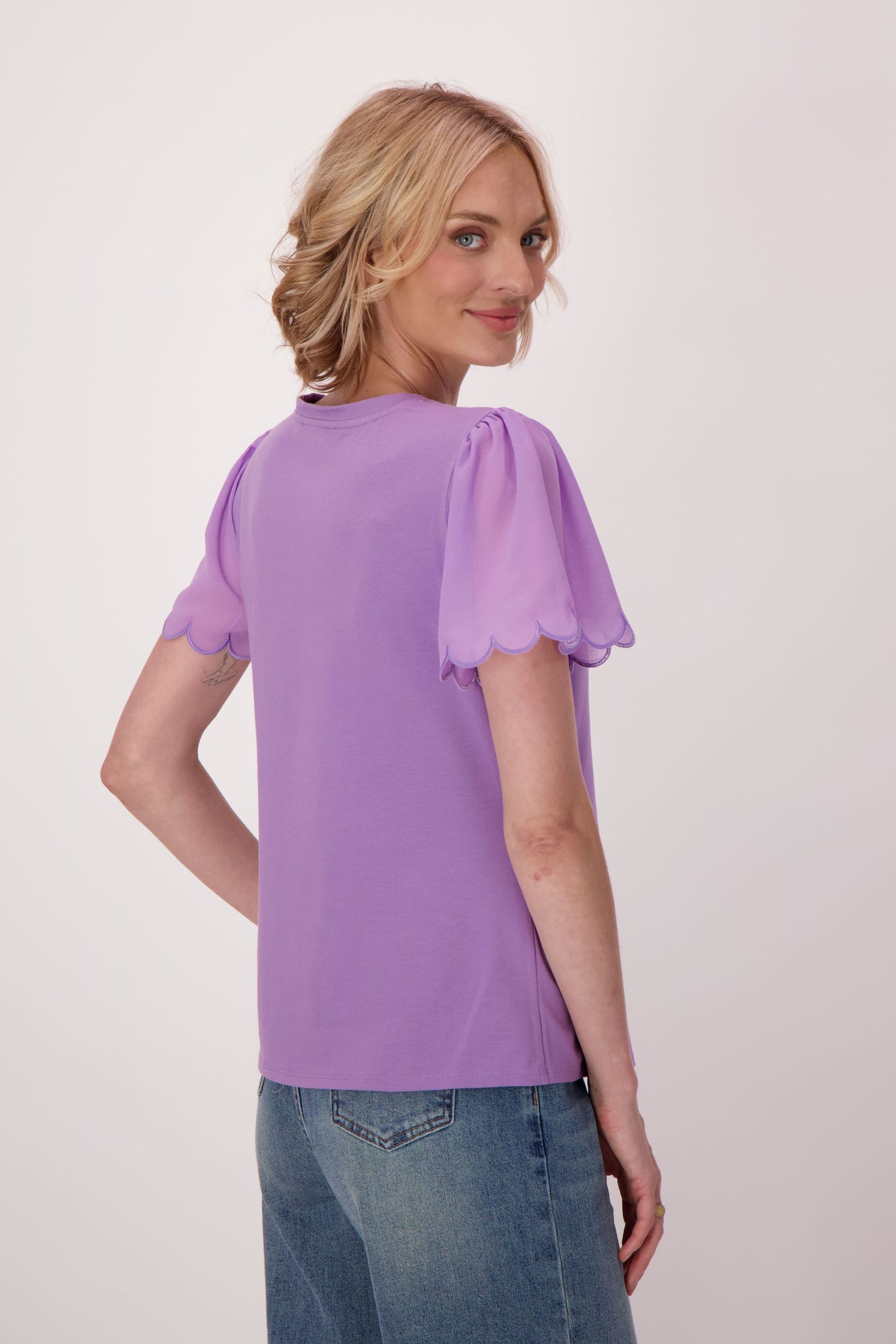Chiffon Scallop Sleeve Cotton T-Shirt