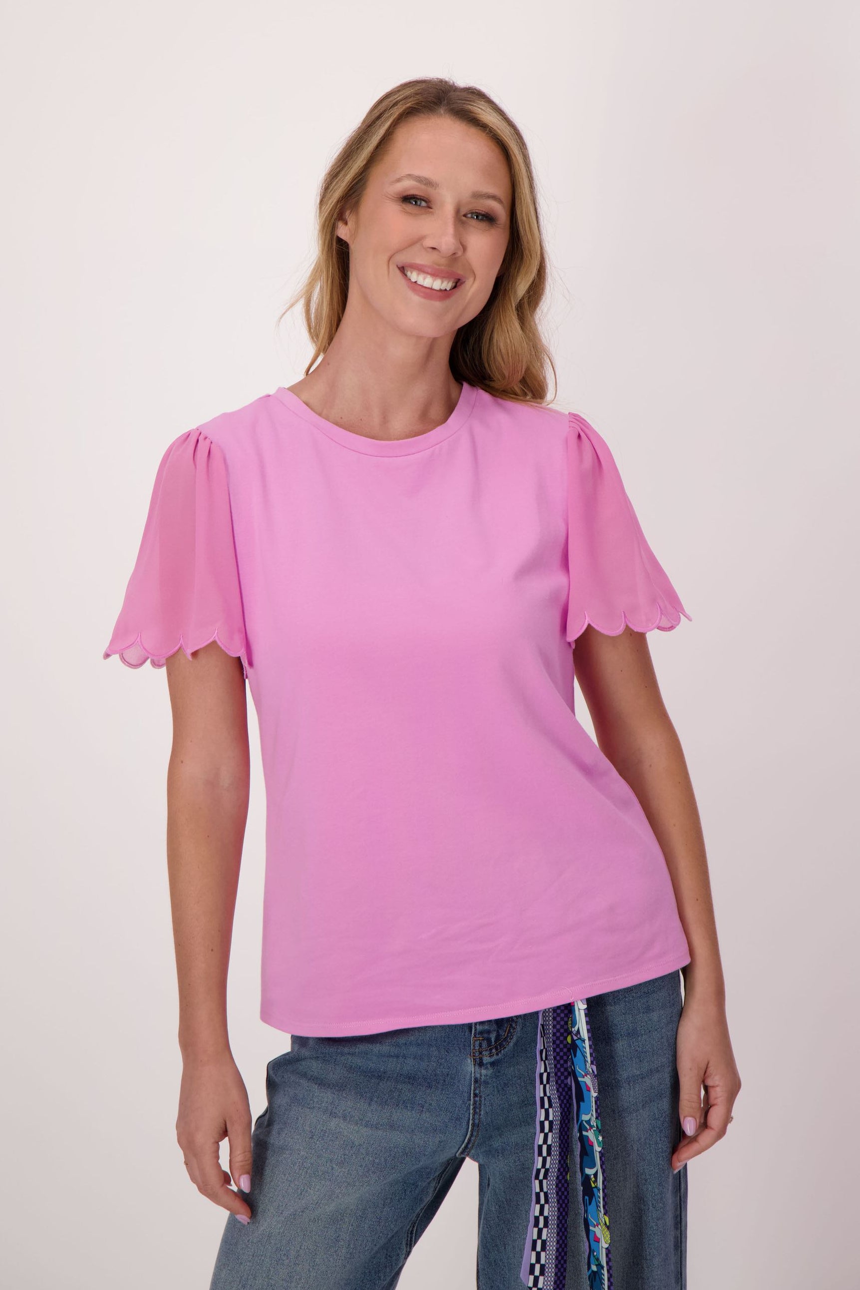 Chiffon Scallop Sleeve Cotton T-Shirt