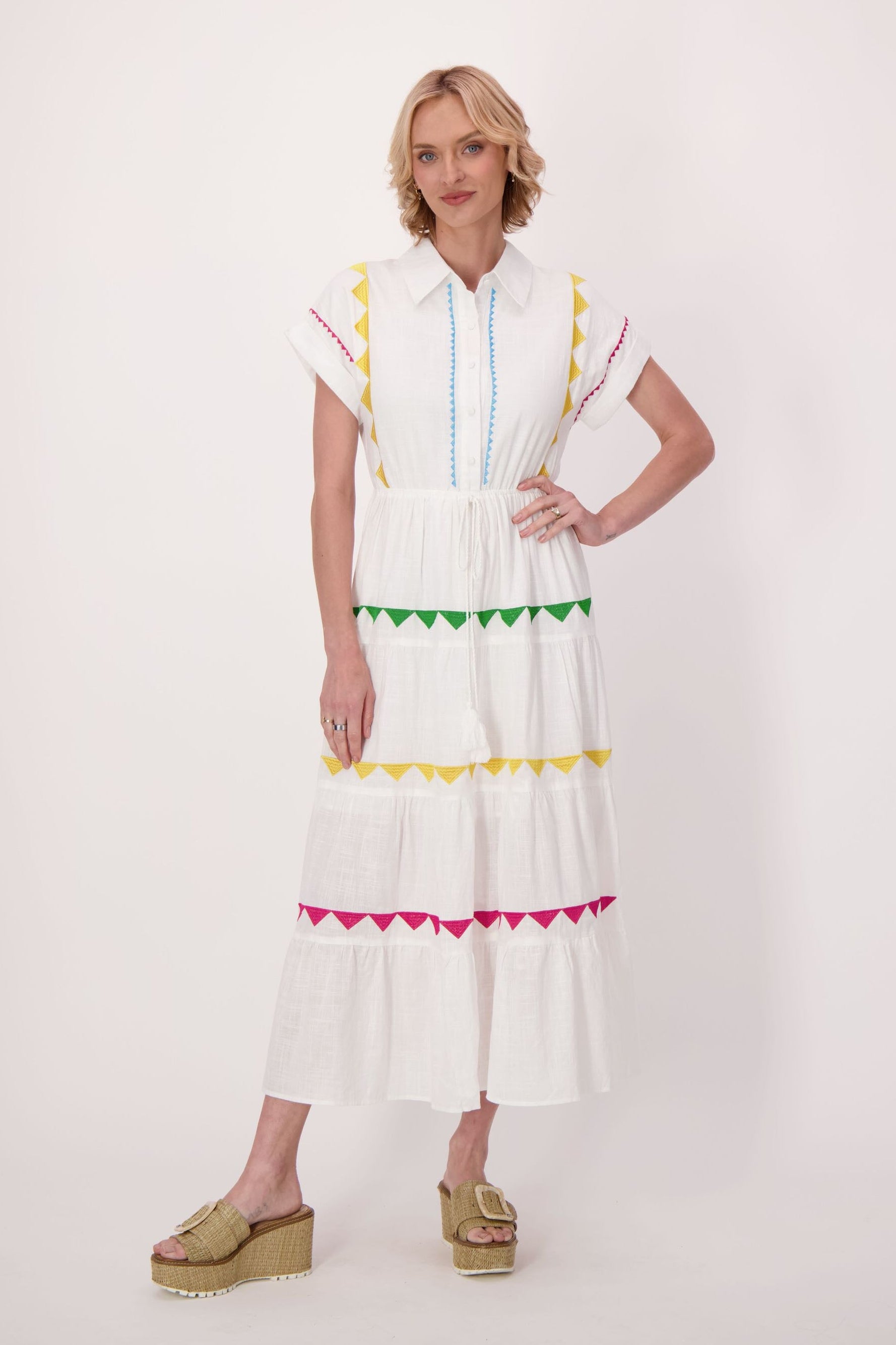 Peasant Cotton Dress With Chevron Embroidery