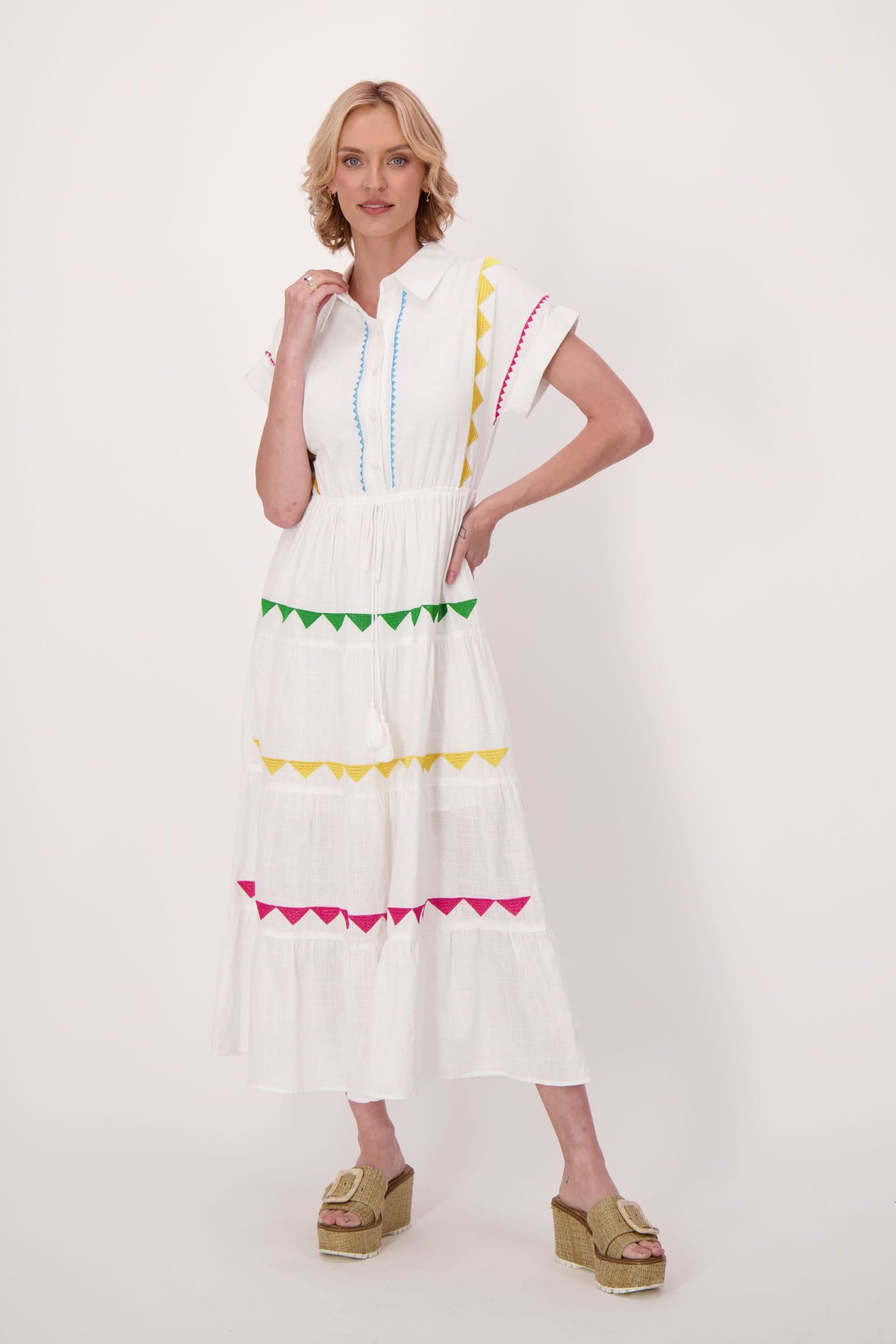 Peasant Cotton Dress With Chevron Embroidery