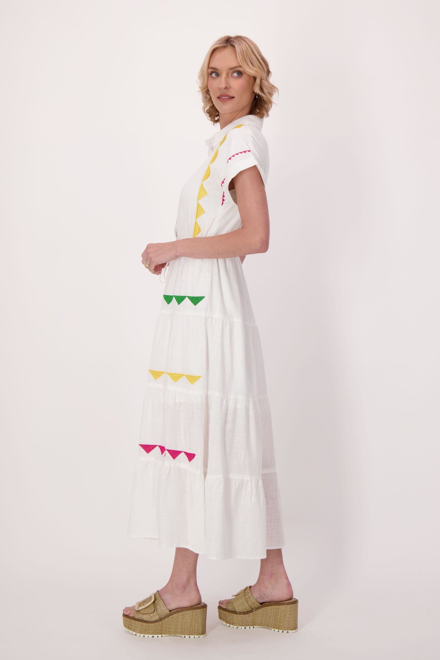 Peasant Cotton Dress With Chevron Embroidery