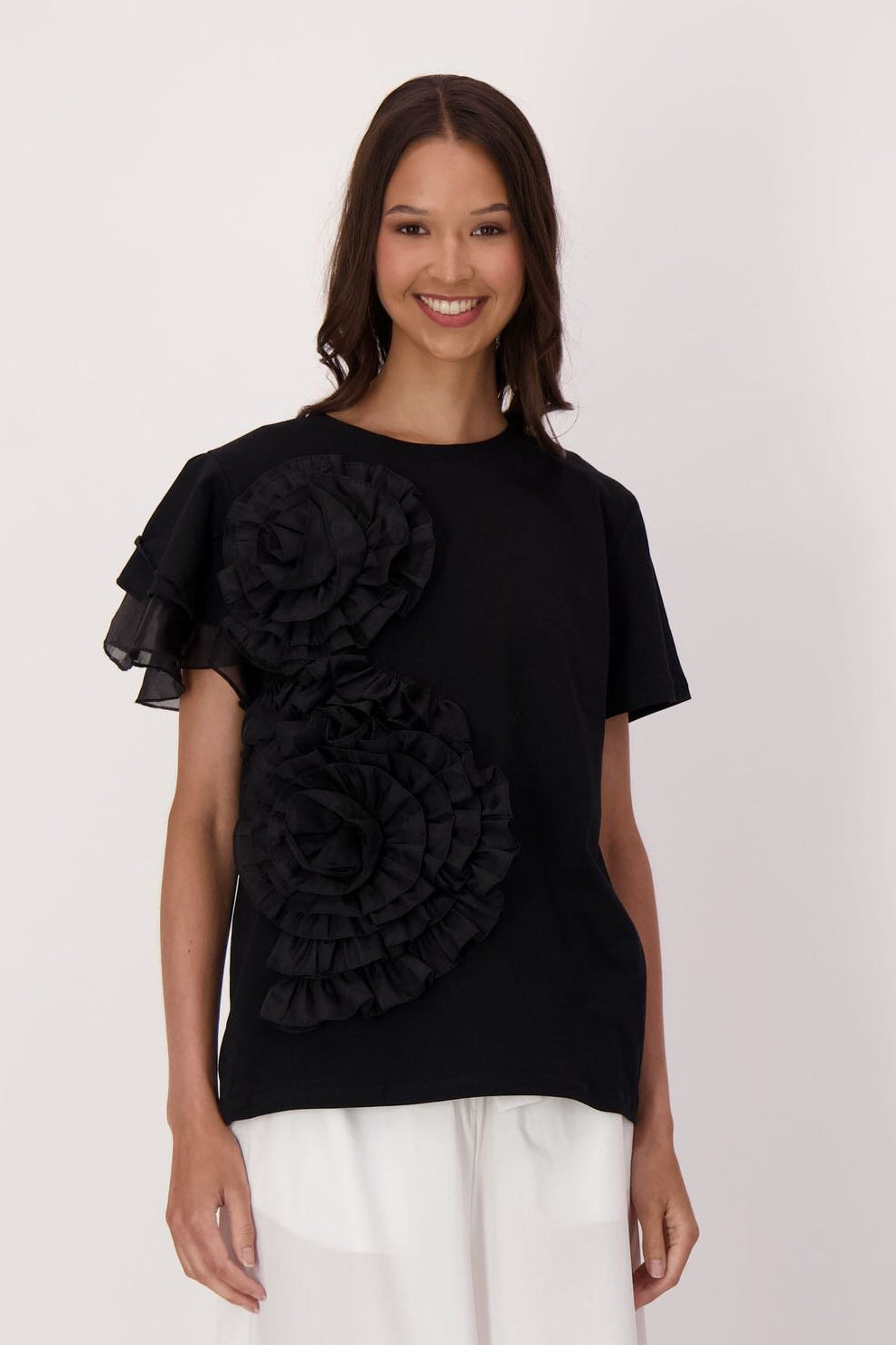 Asymmetrical Chiffon Floral Cotton T-Shirt
