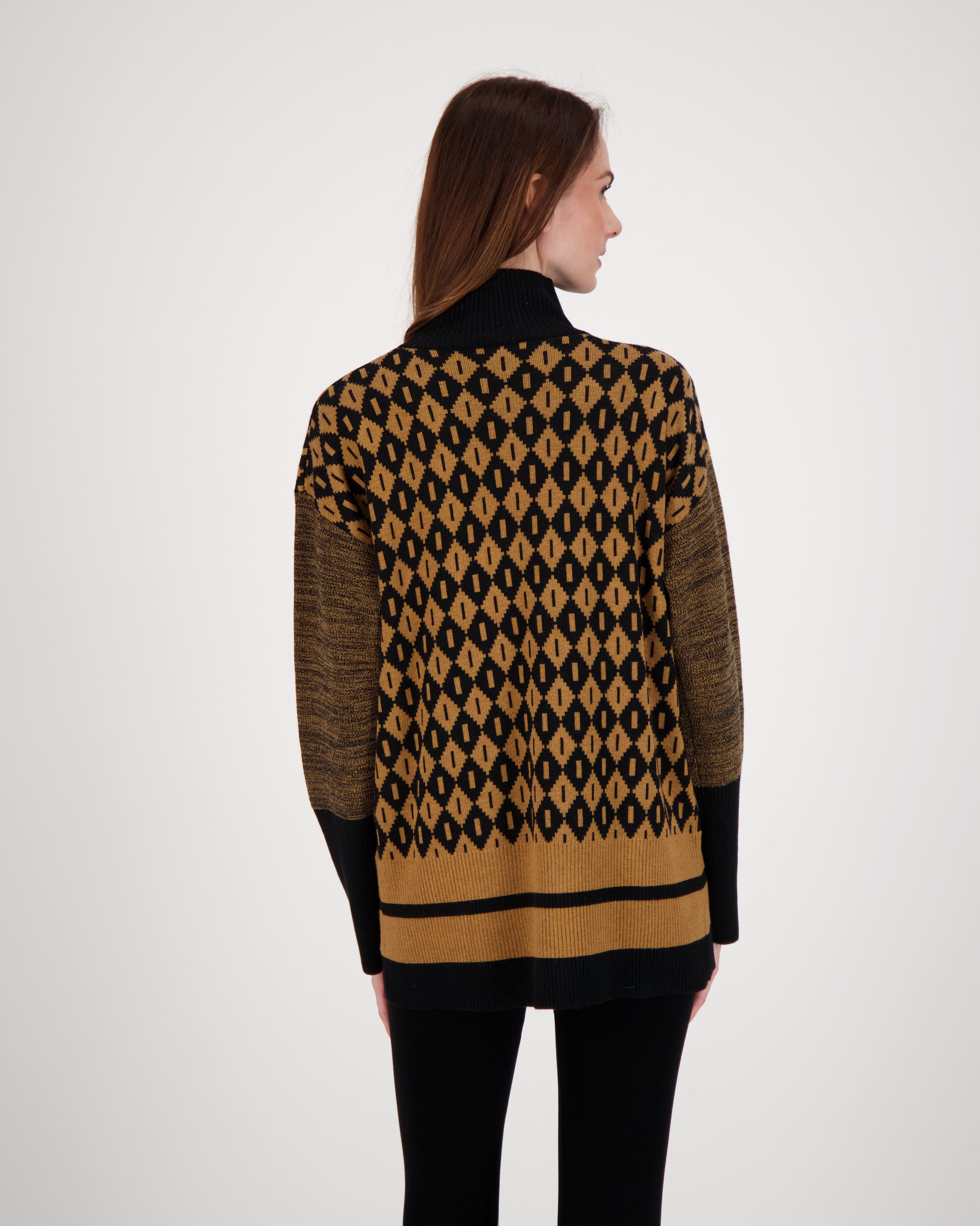 Intarsia Knit Diamond Jacquard Turtle Neck Sweater
