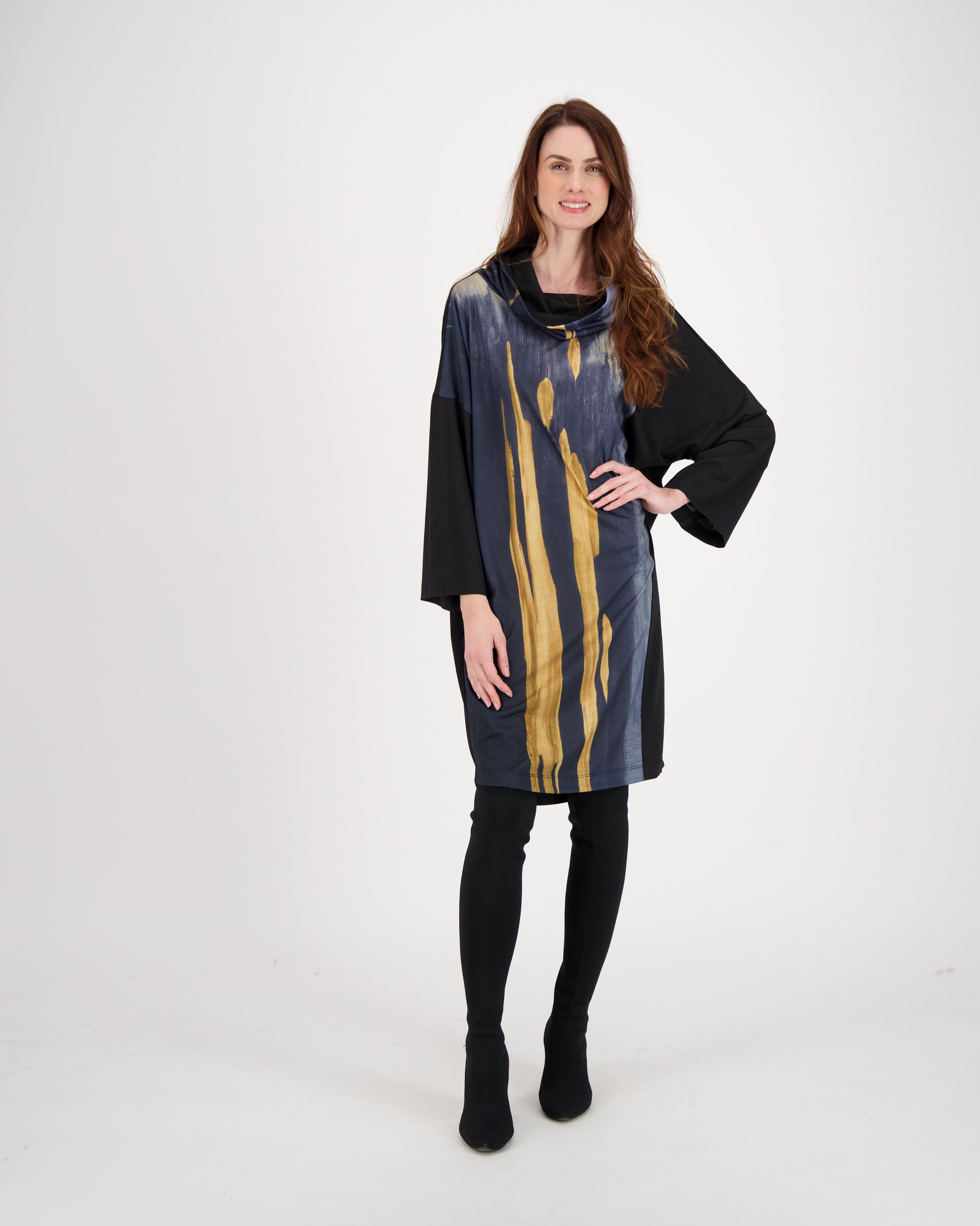 Cowl Neck Gold Print Dress