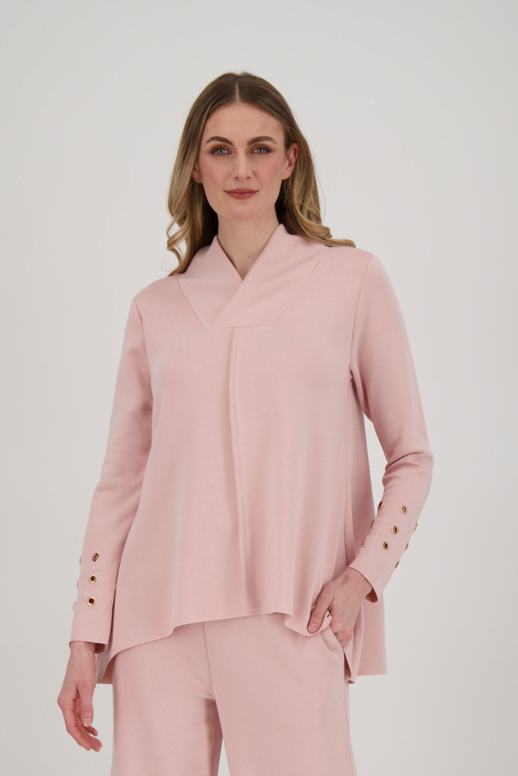 Shawl Collar Top With Grommet Cuffs