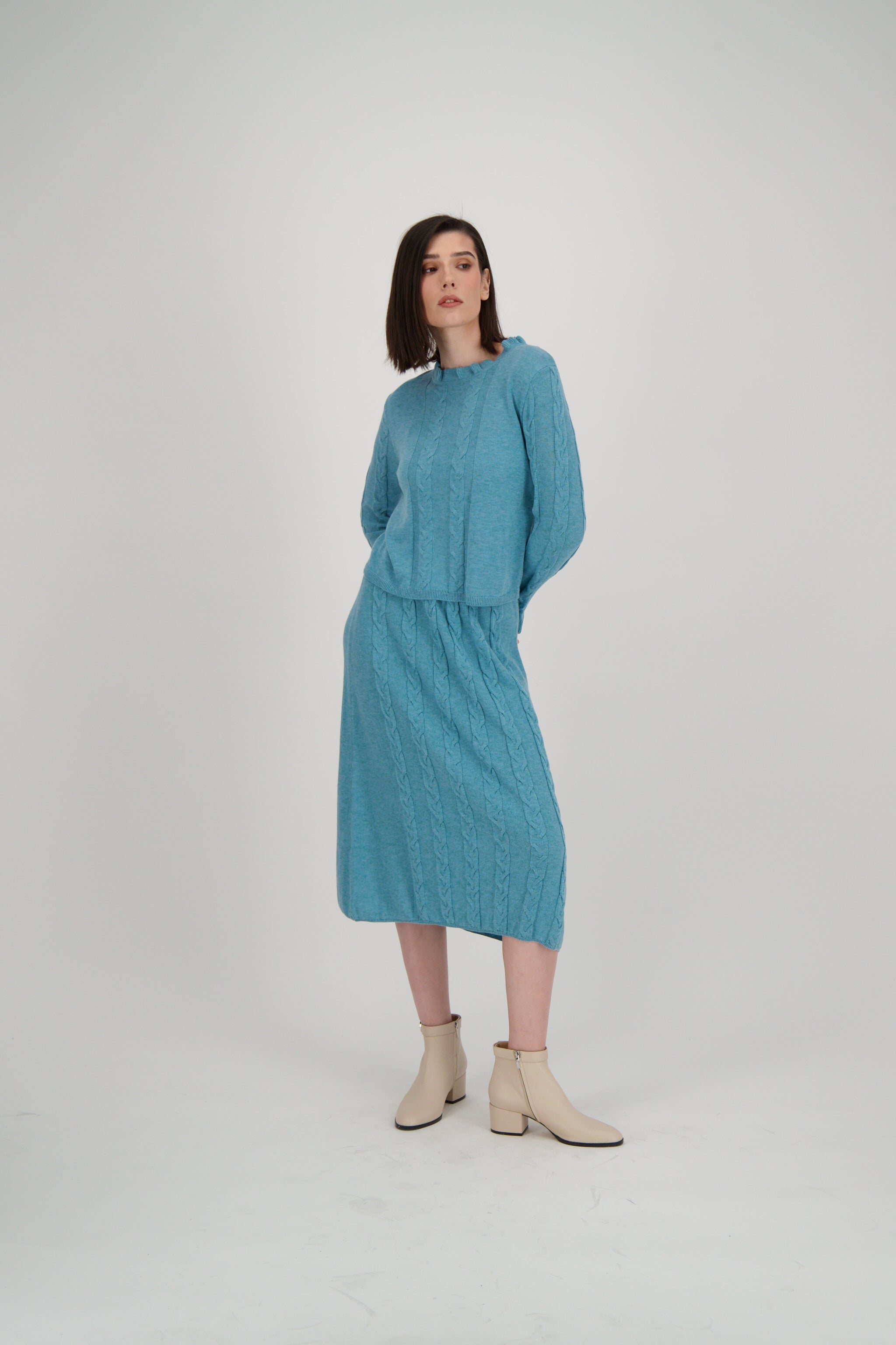 Ruffle Neck Cable Knit Sweater