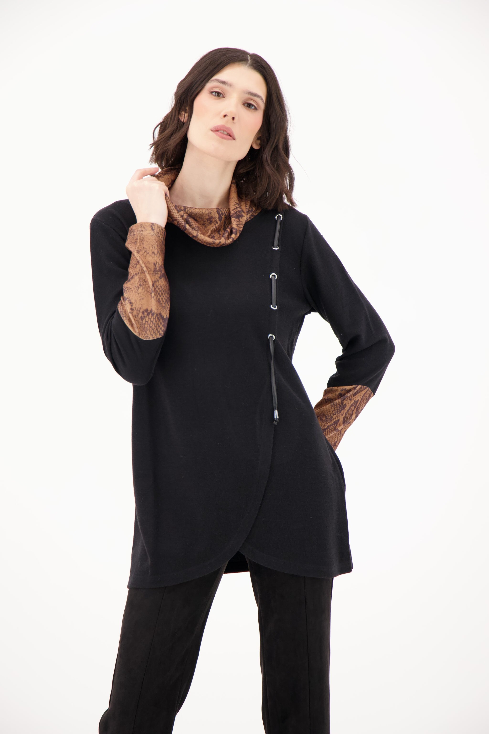 Snake Print Cowl Neck/Sleeve Sweater Knit Tunic