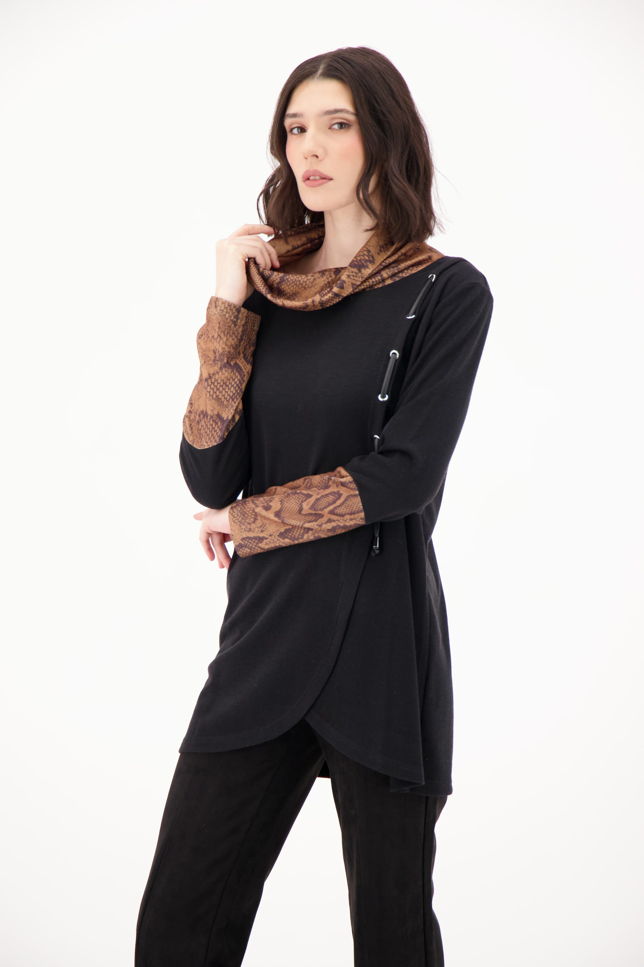 Snake Print Cowl Neck/Sleeve Sweater Knit Tunic