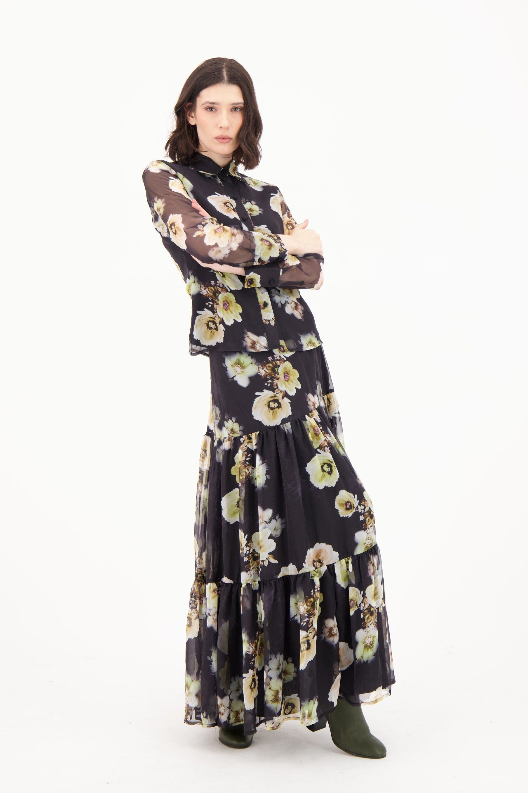 Floral Chiffon Ruffle Long Skirt