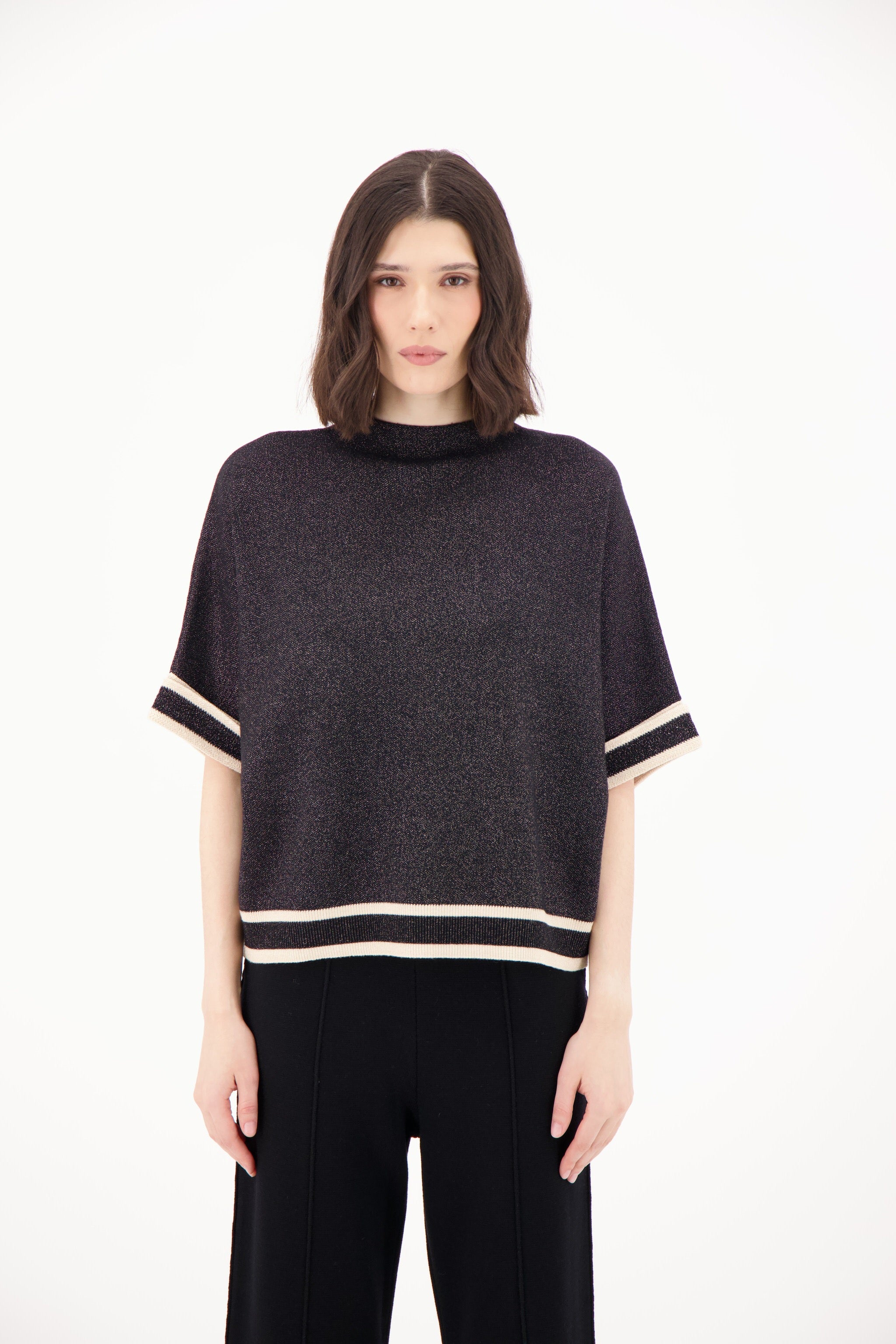 Stripe Cuff Lurex Sweater Knit Top
