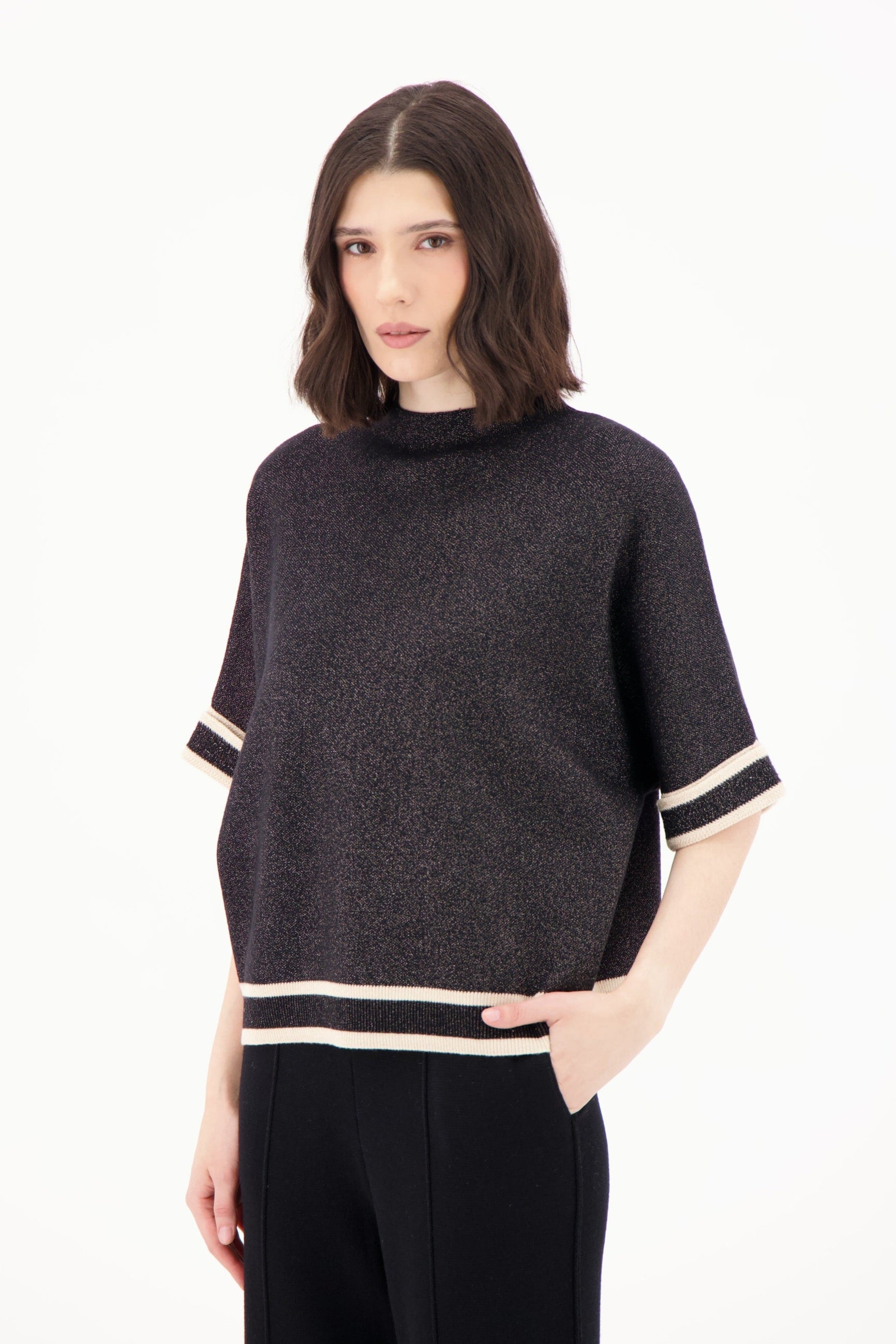 Stripe Cuff Lurex Sweater Knit Top