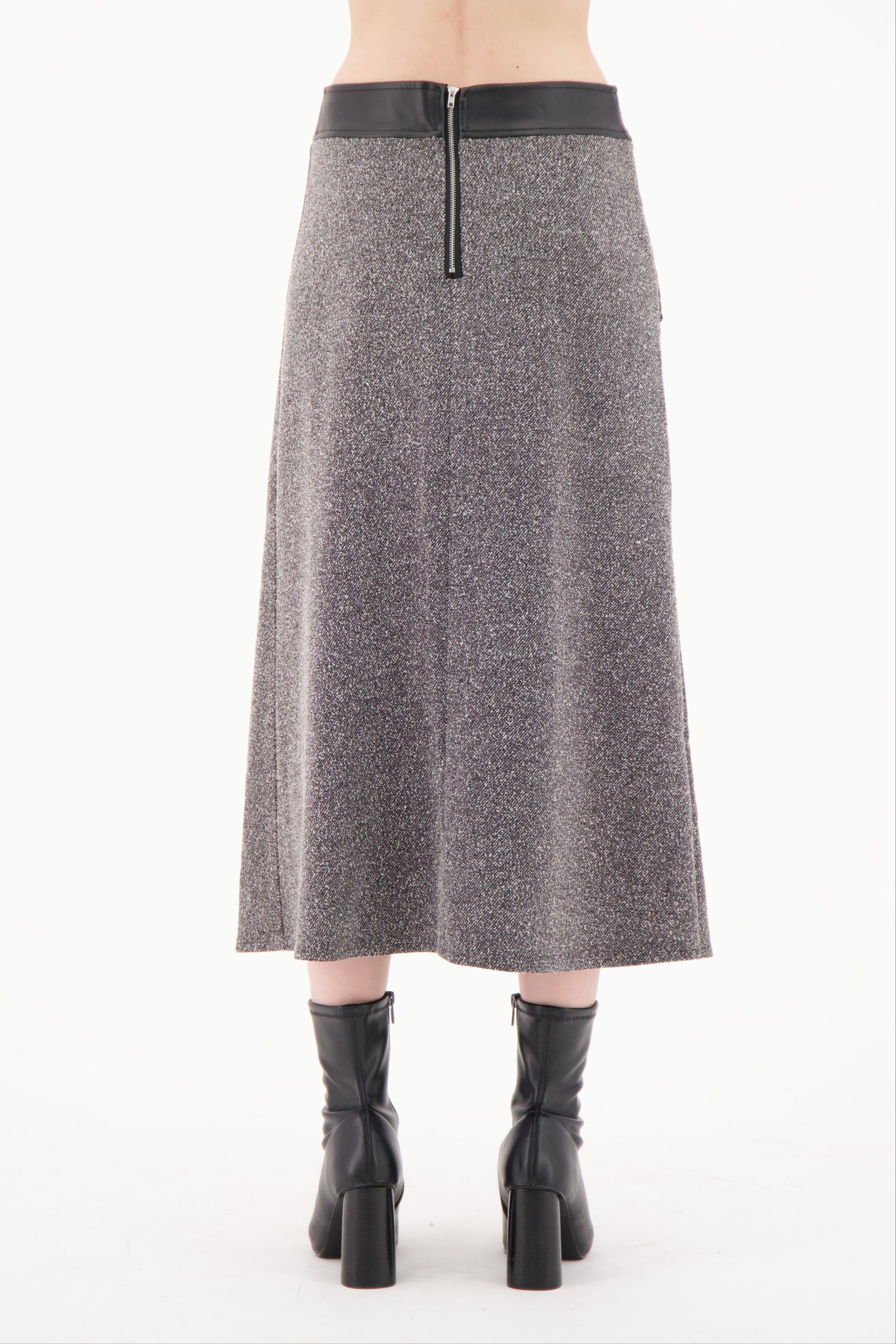 Gray skirt with black waistband and hem on a white background