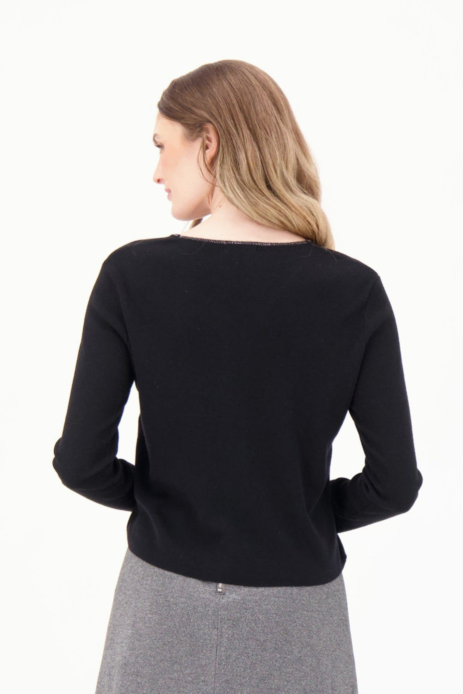 Scallop Rhinestone Front V-Neck Fine Knit Sweater