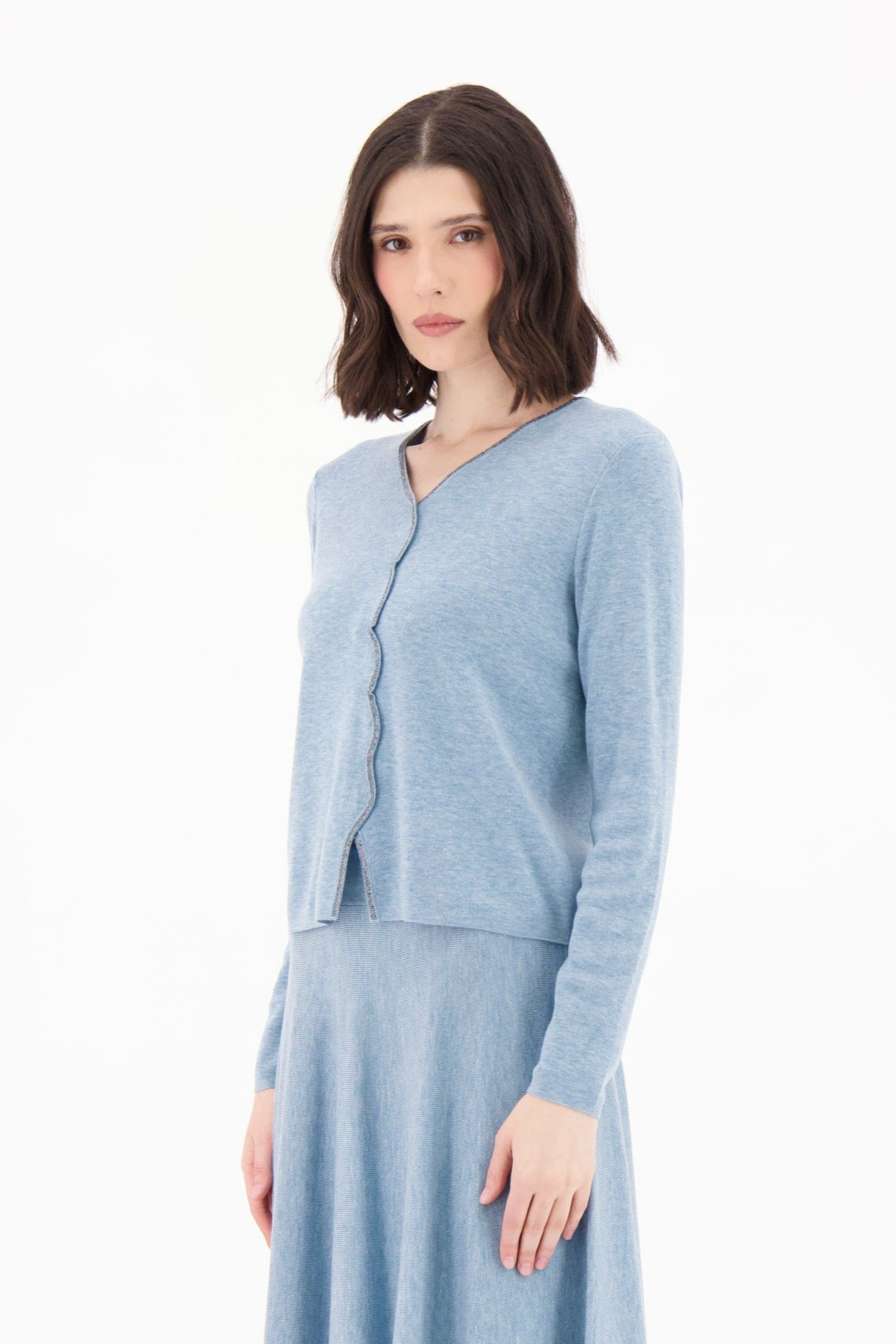 Scallop Rhinestone Front V-Neck Fine Knit Sweater