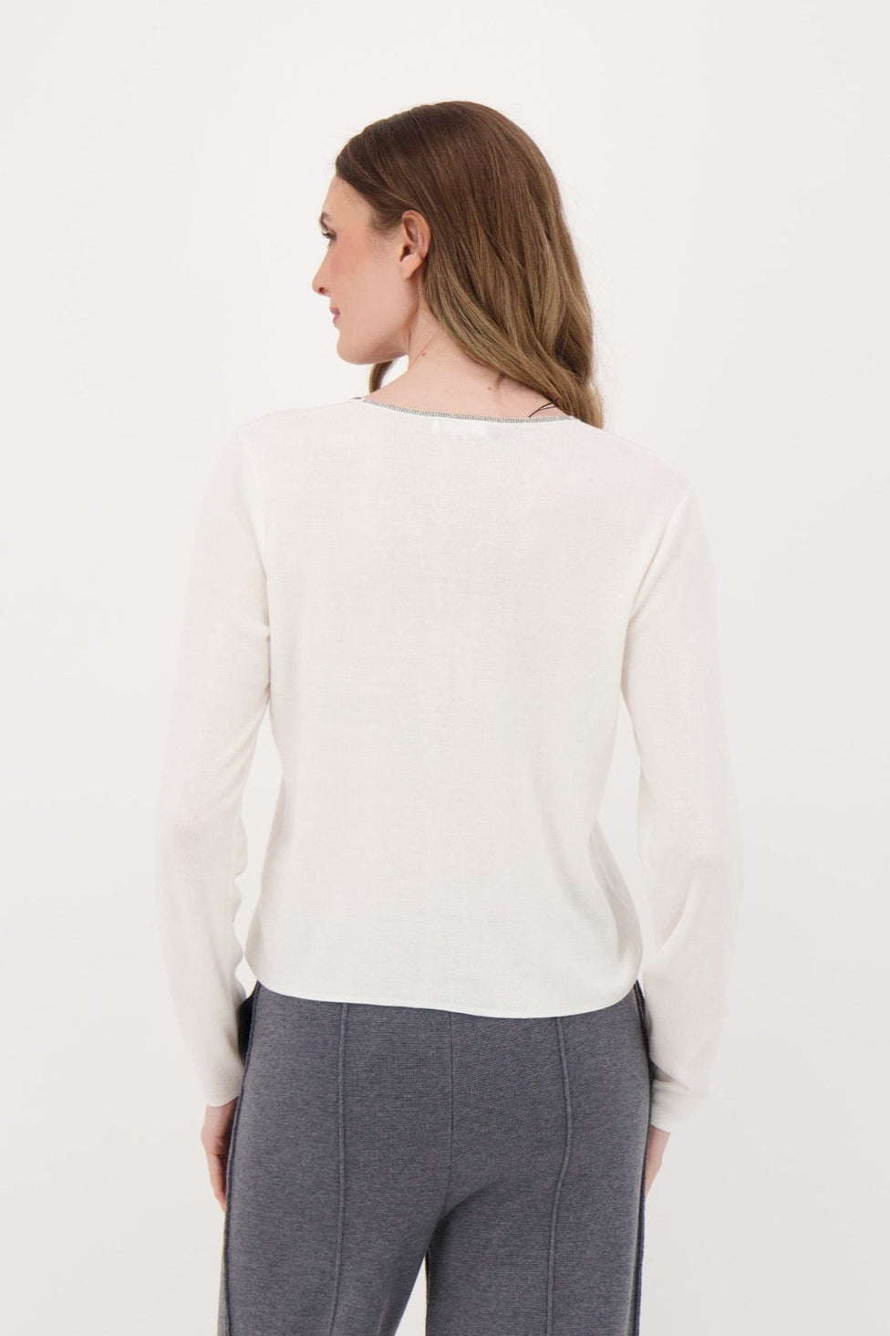 Scallop Rhinestone Front V-Neck Fine Knit Sweater