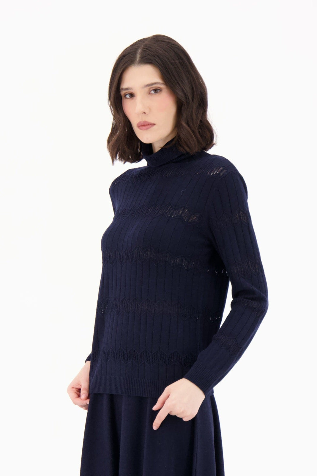 Woman wearing a navy blue dress with a turtleneck and long sleeves on a white background
