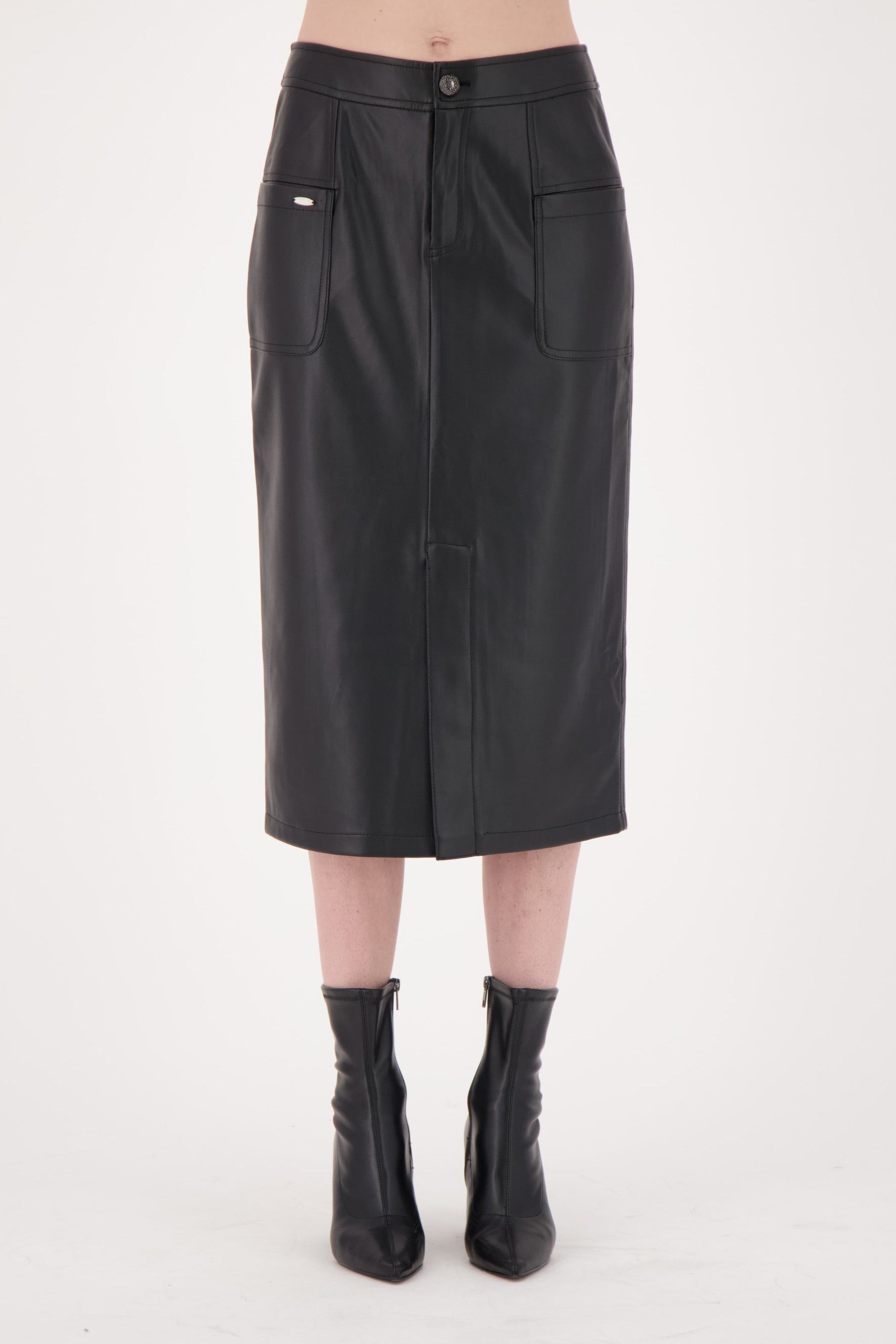 PU Front Slit Pencil Skirt