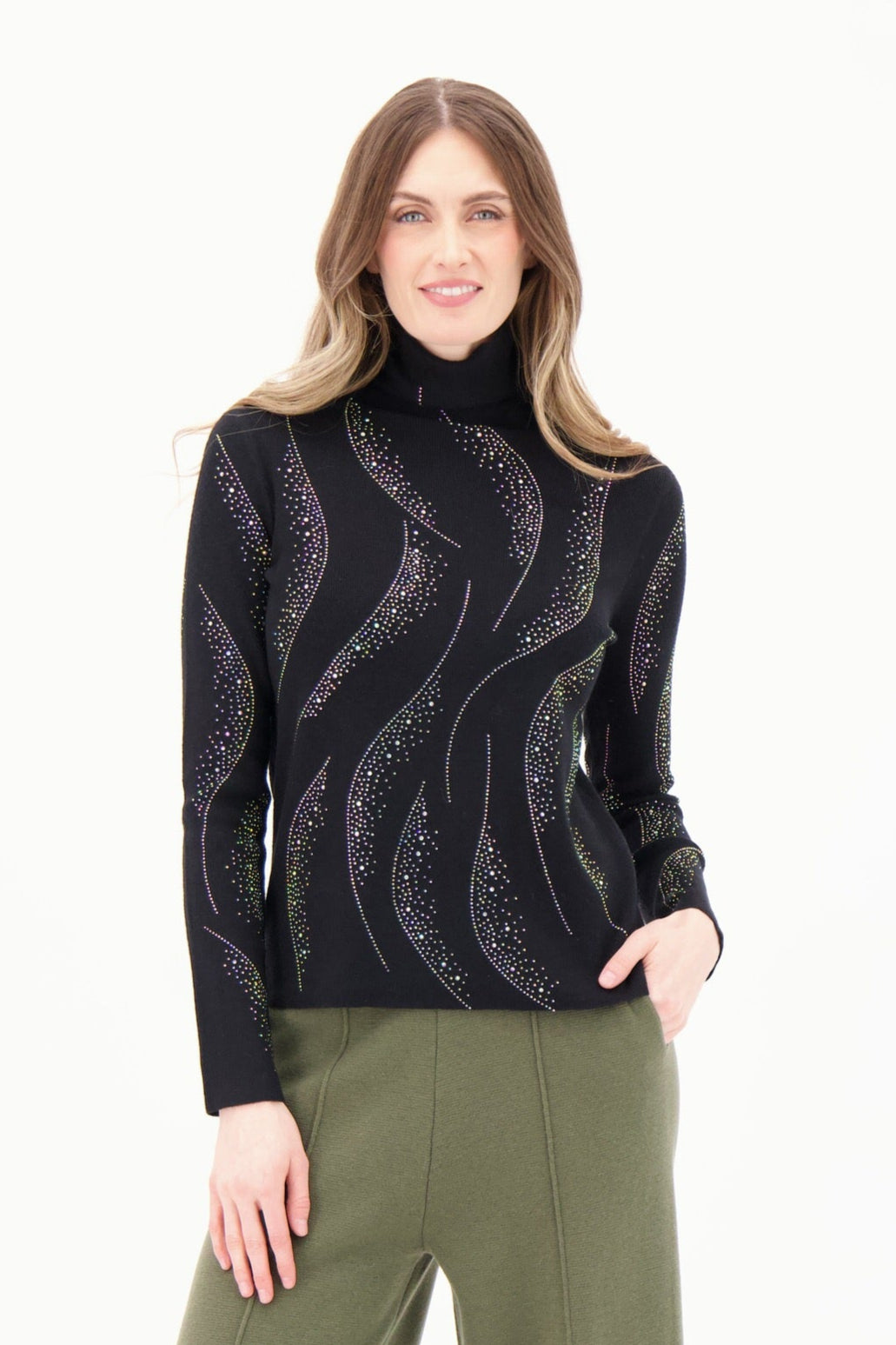 Turtleneck Rhinestone Swirl Knit Sweater
