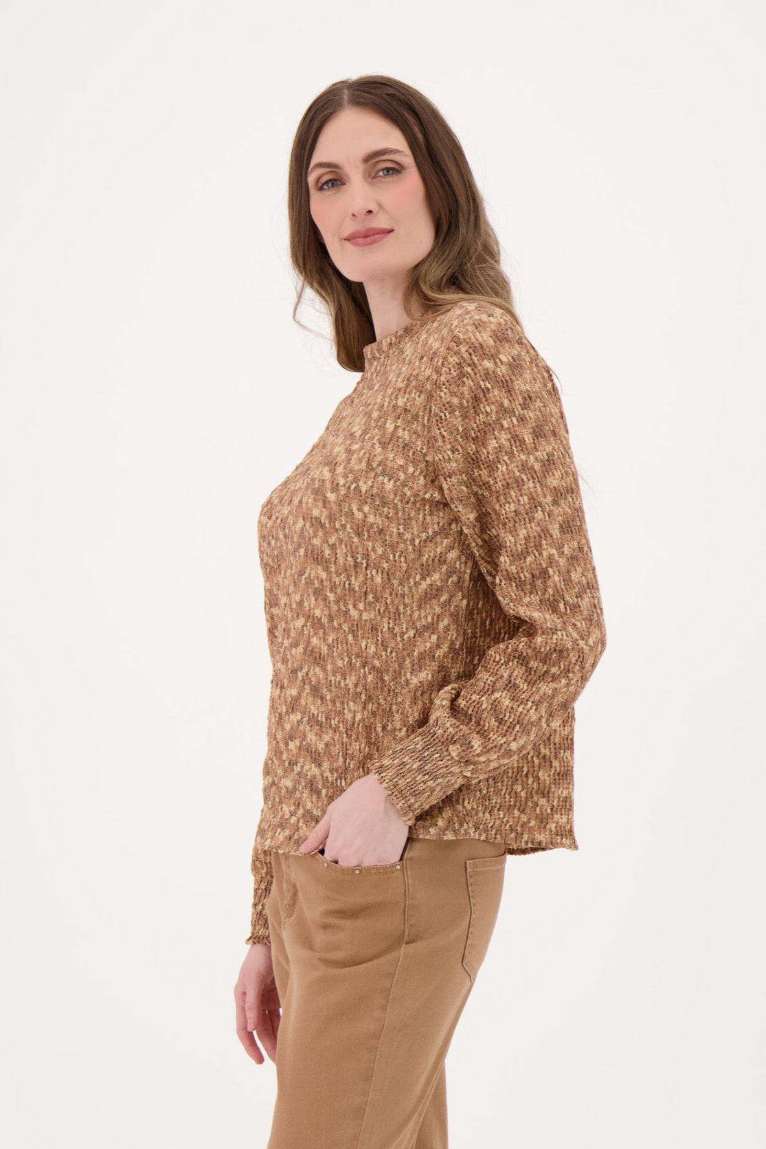 Marled Funnel Neck Smocked Cuff Knit Top