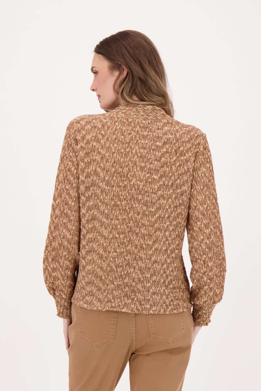 Marled Funnel Neck Smocked Cuff Knit Top