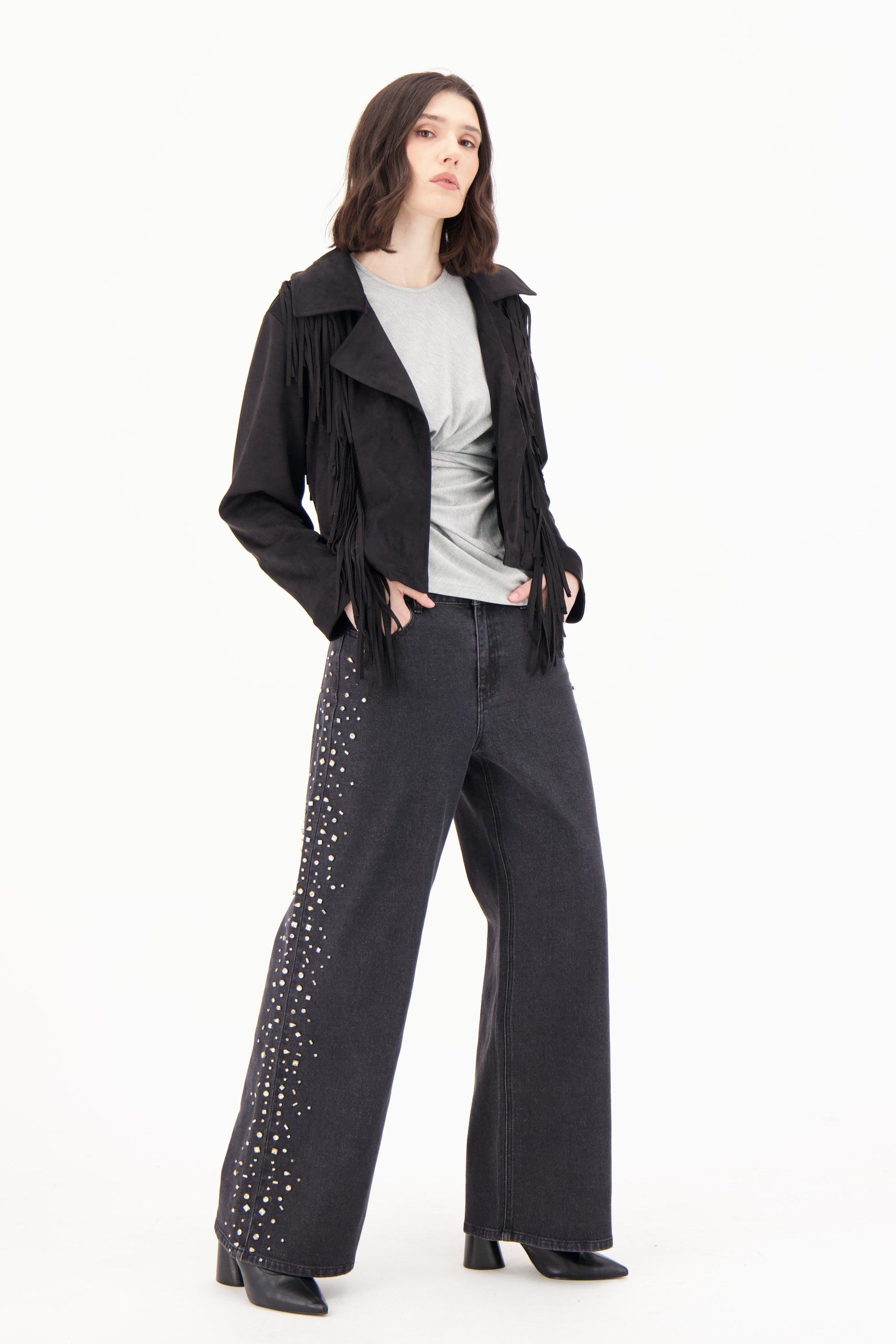 Side Seam Rhinestone Wide Leg Denim Pant