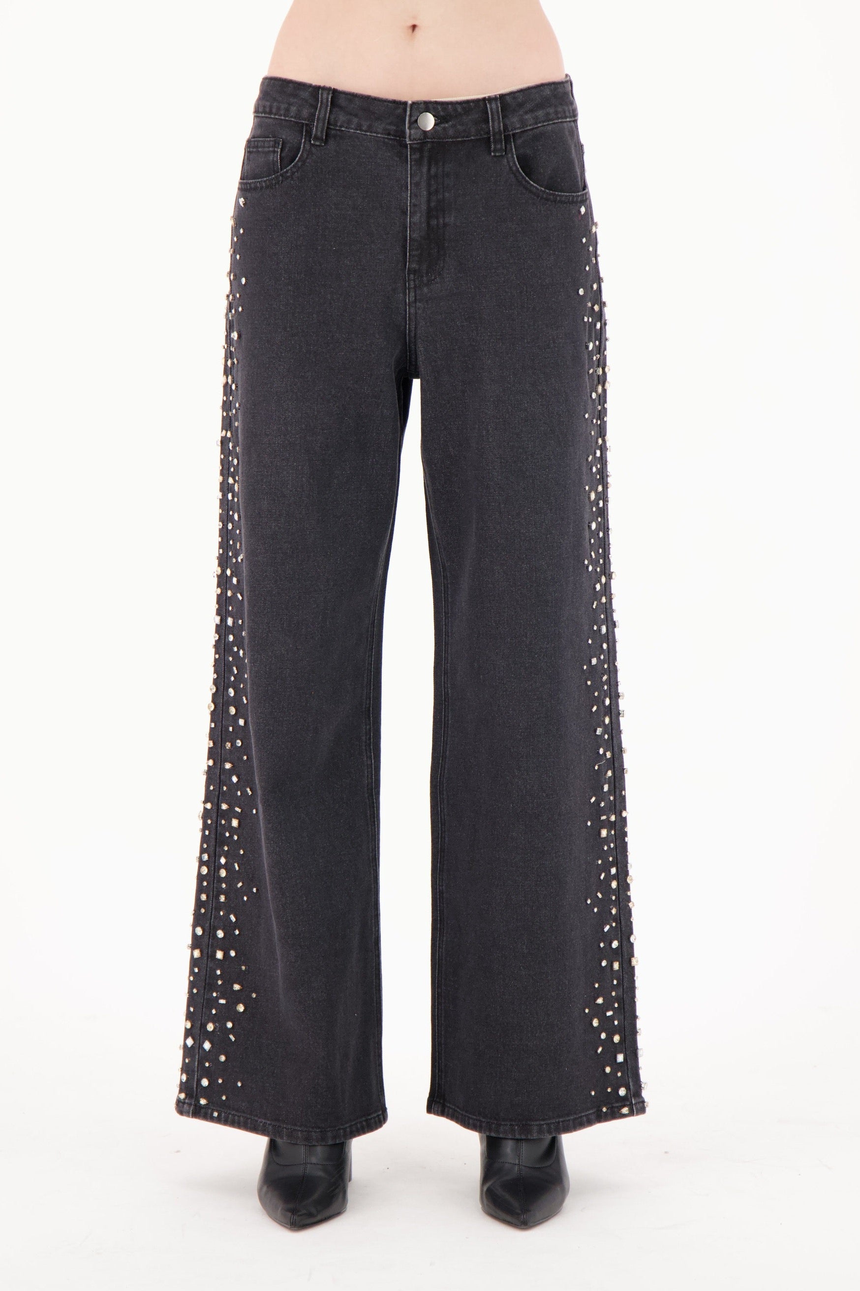 Side Seam Rhinestone Wide Leg Denim Pant