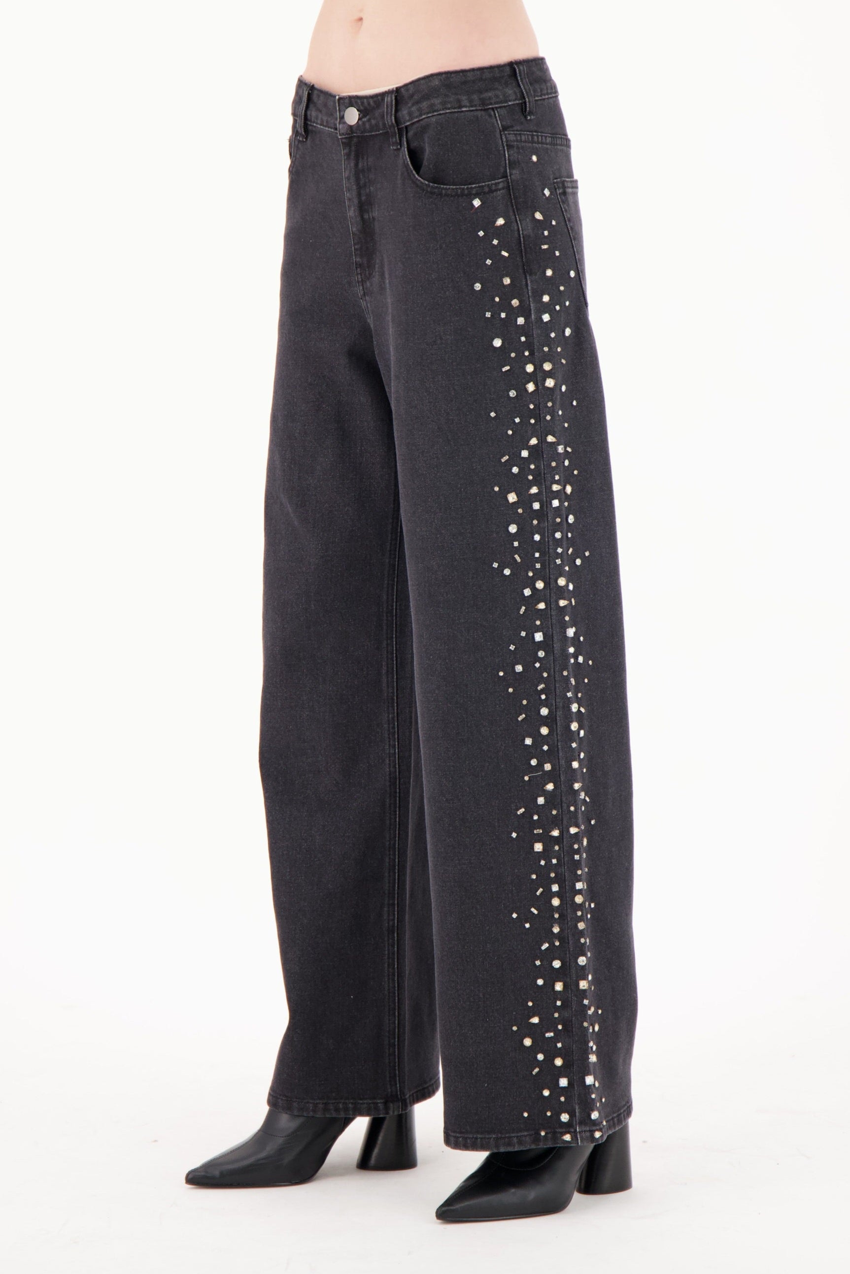 Side Seam Rhinestone Wide Leg Denim Pant