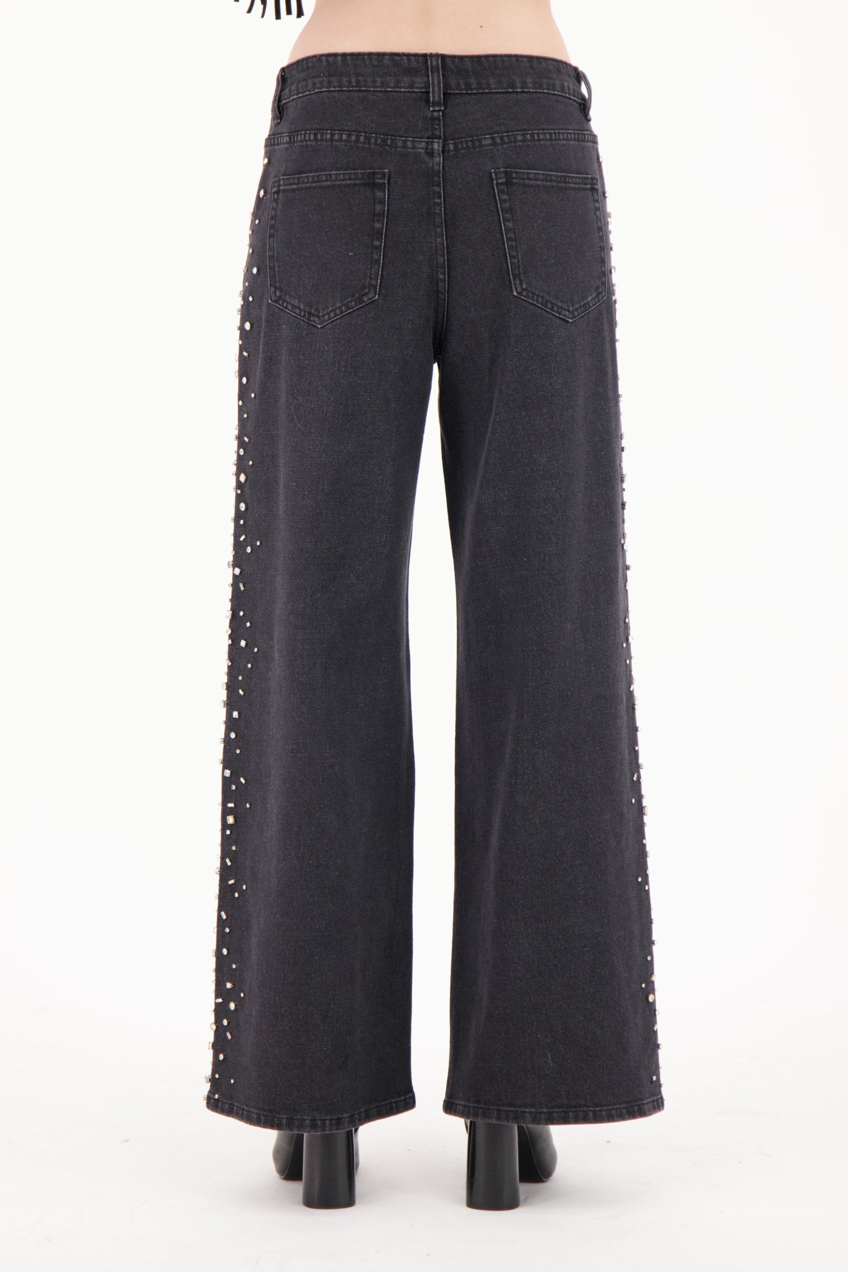 Side Seam Rhinestone Wide Leg Denim Pant