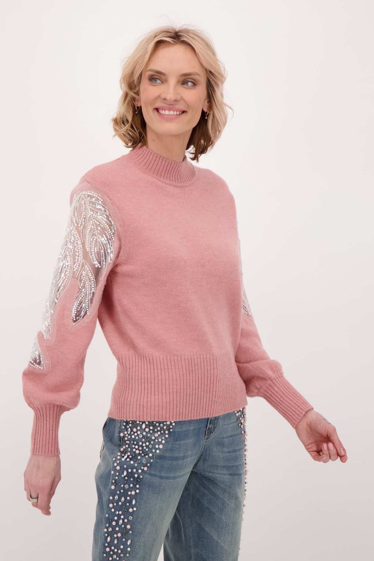 Beaded Sleeve Inlay Floral Chiffon Sweater