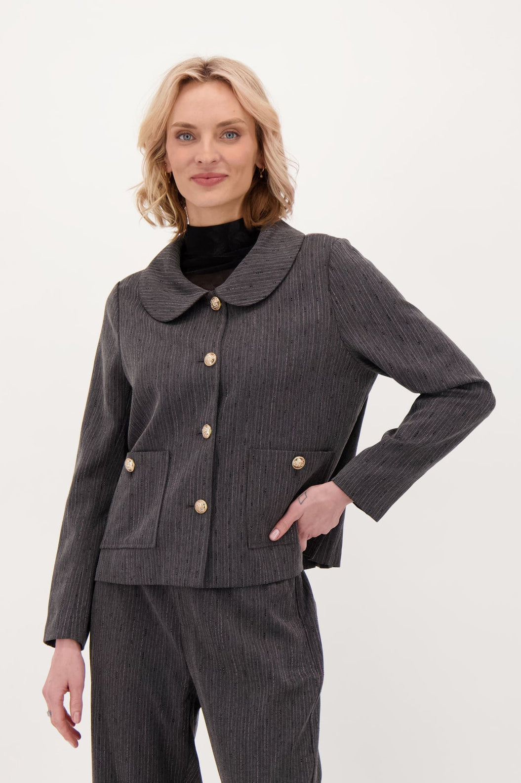 Beaded Hot Fix Pinstripe Back Pleated Jacket