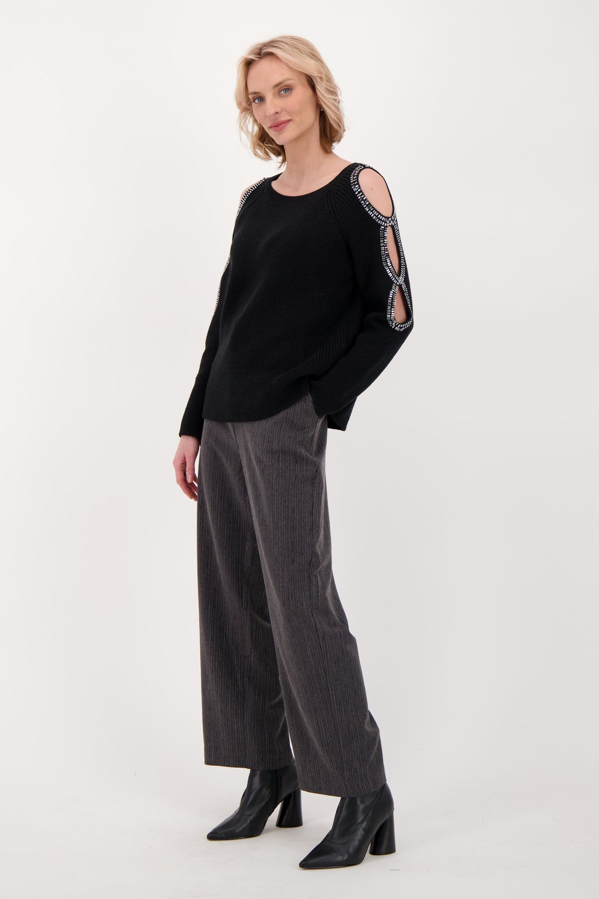 Embellished Peek-A-Boo Sleeve Sweater
