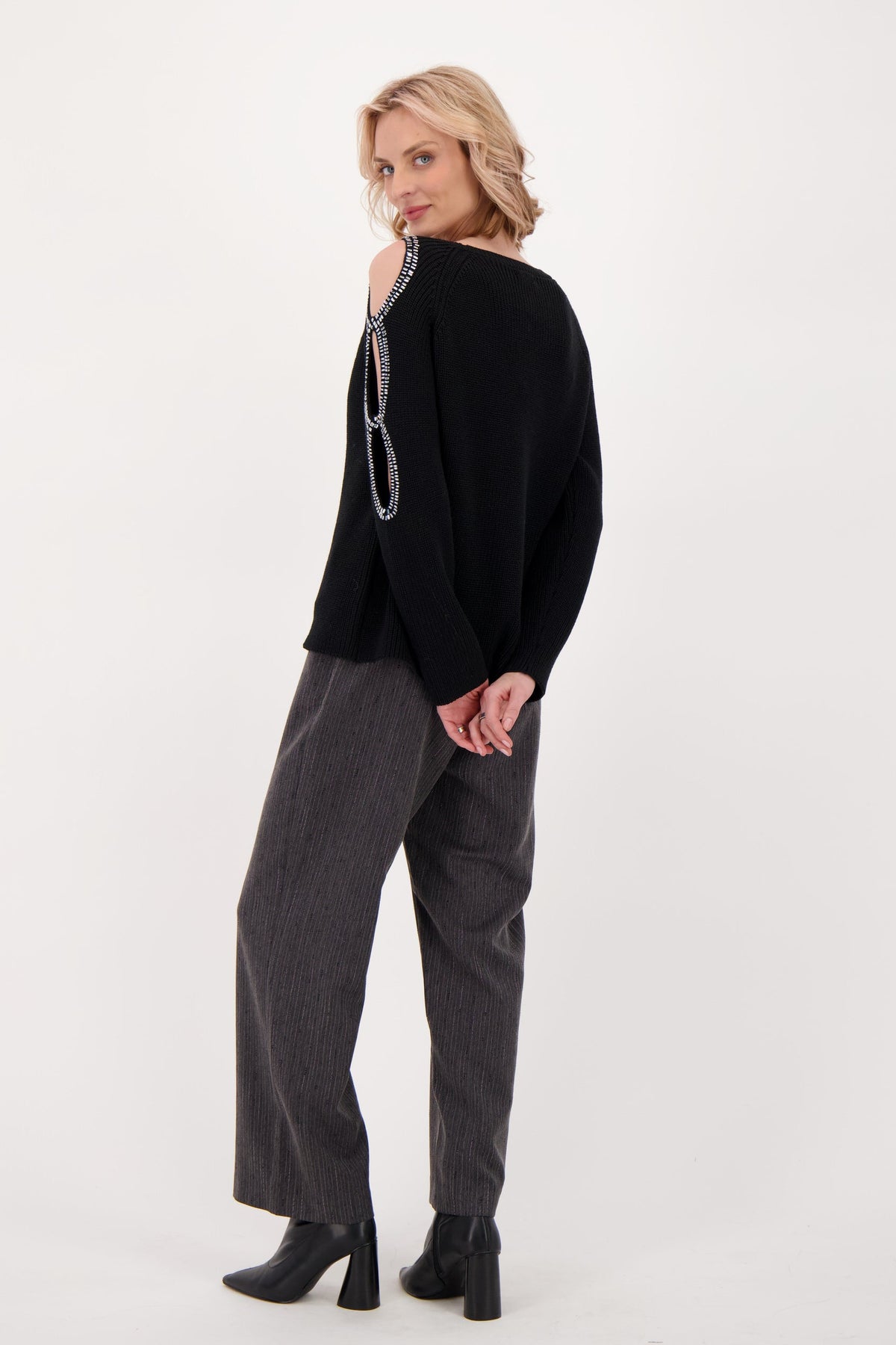 Embellished Peek-A-Boo Sleeve Sweater