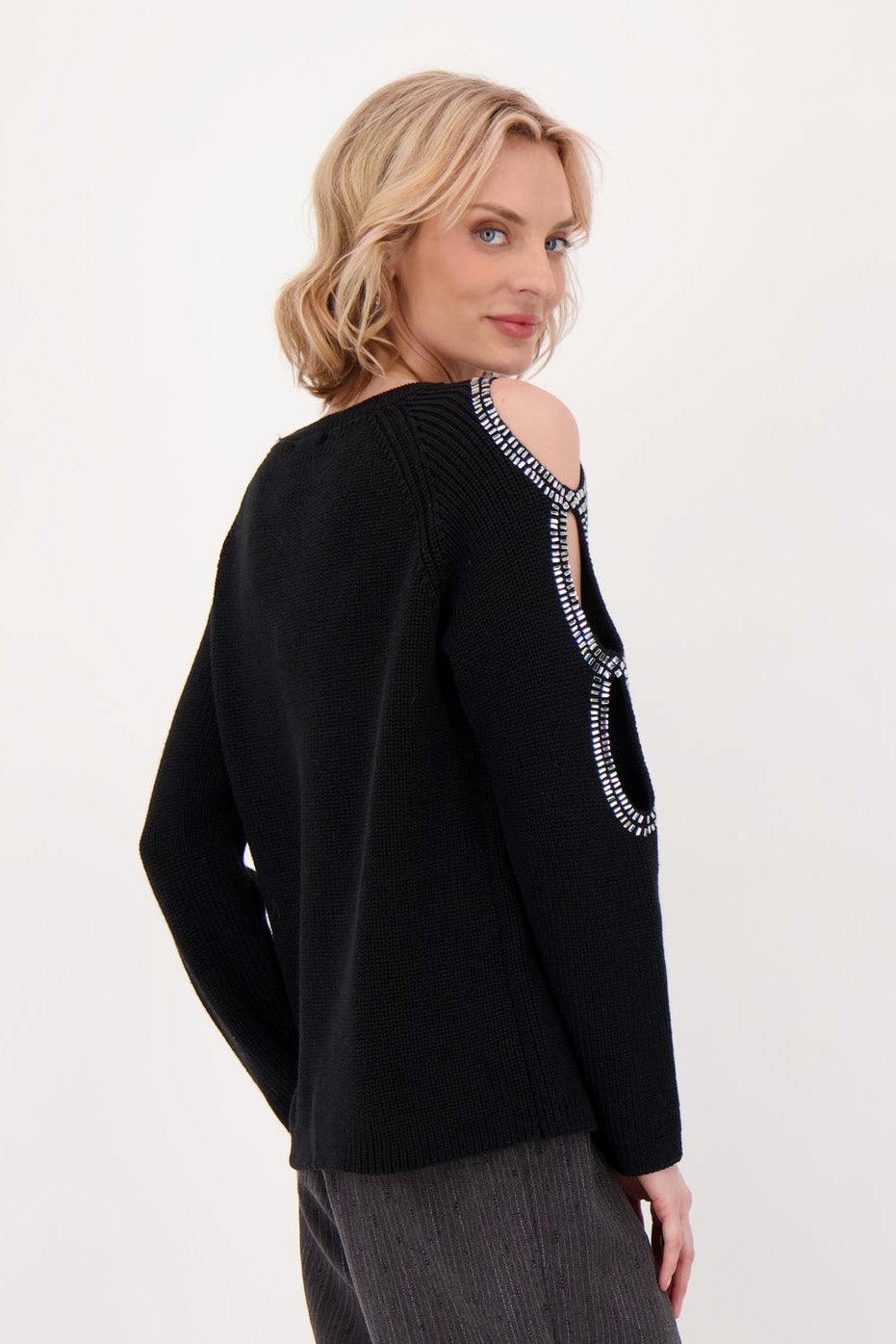 Embellished Peek-A-Boo Sleeve Sweater