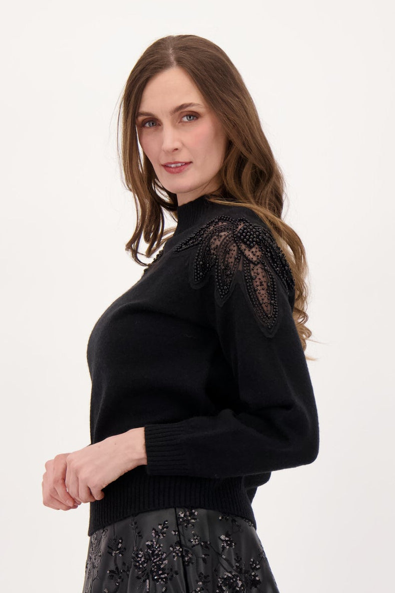 Beaded Shoulder Inlay Floral Chiffon Sweater