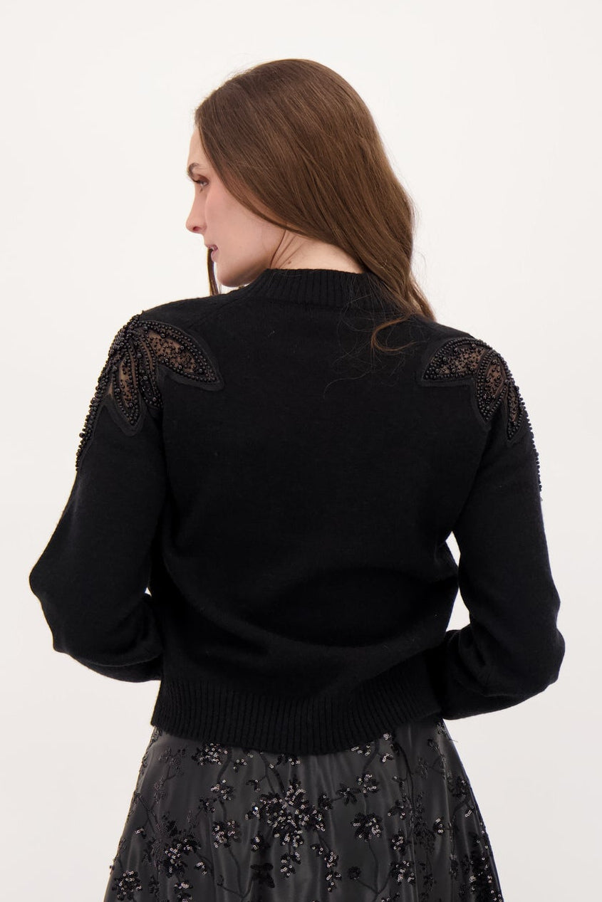 Beaded Shoulder Inlay Floral Chiffon Sweater