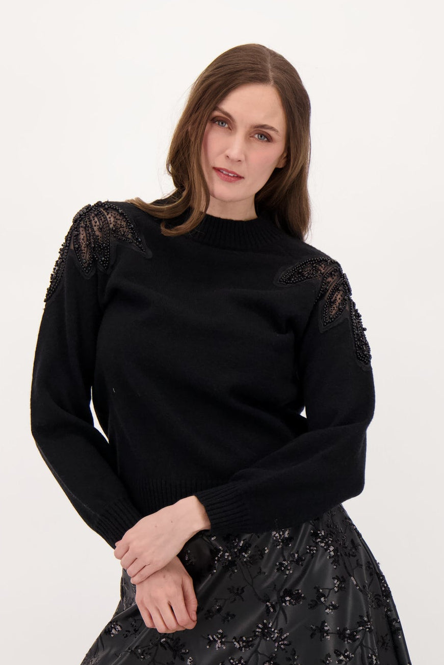 Beaded Shoulder Inlay Floral Chiffon Sweater