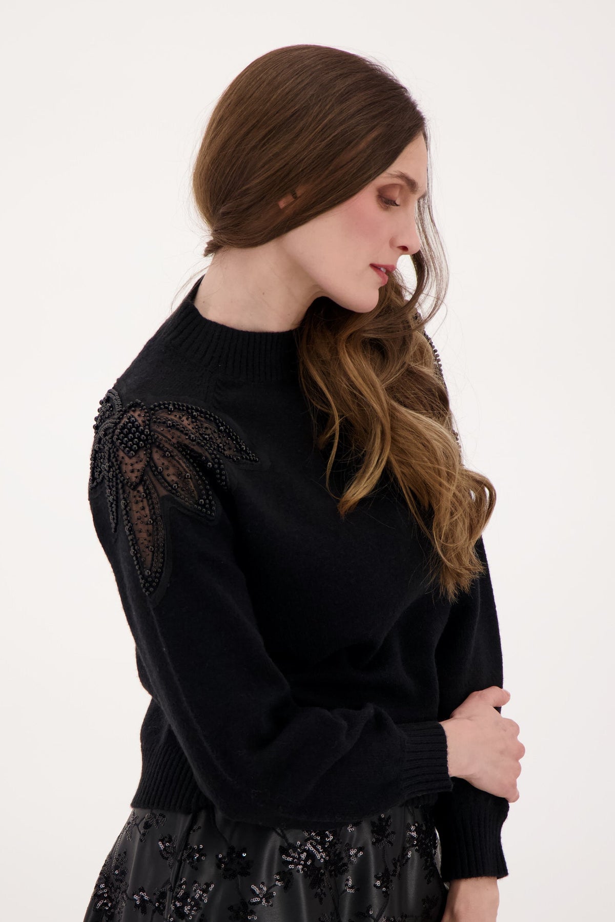 Beaded Shoulder Inlay Floral Chiffon Sweater