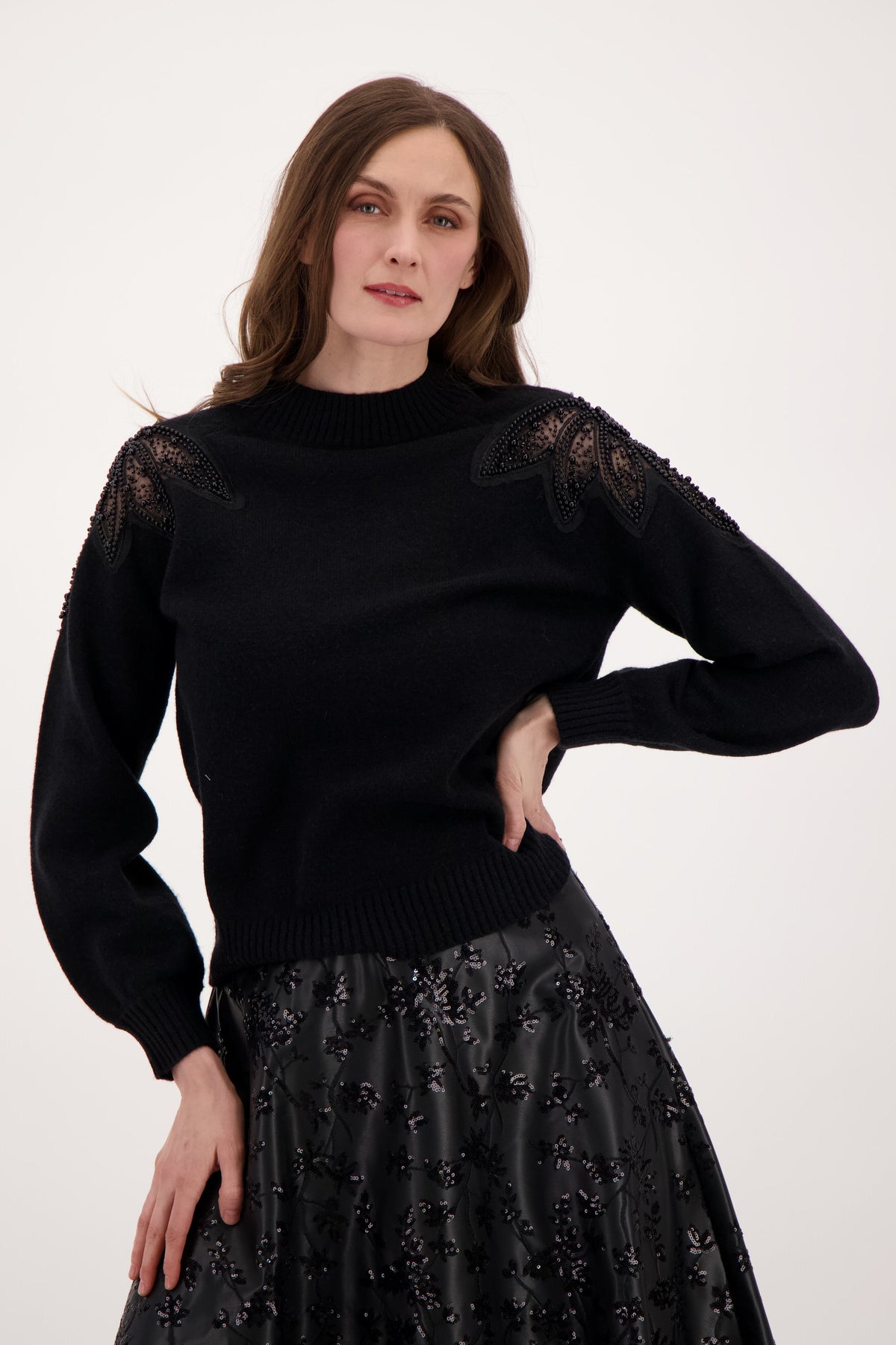 Beaded Shoulder Inlay Floral Chiffon Sweater
