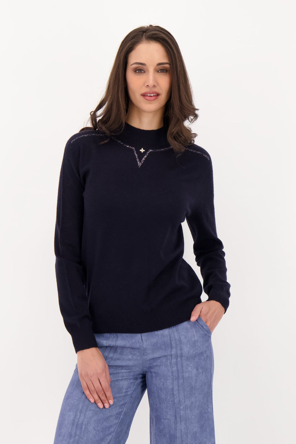 Mock Neck Sweater Wiith Neckline Hot Fix Beads