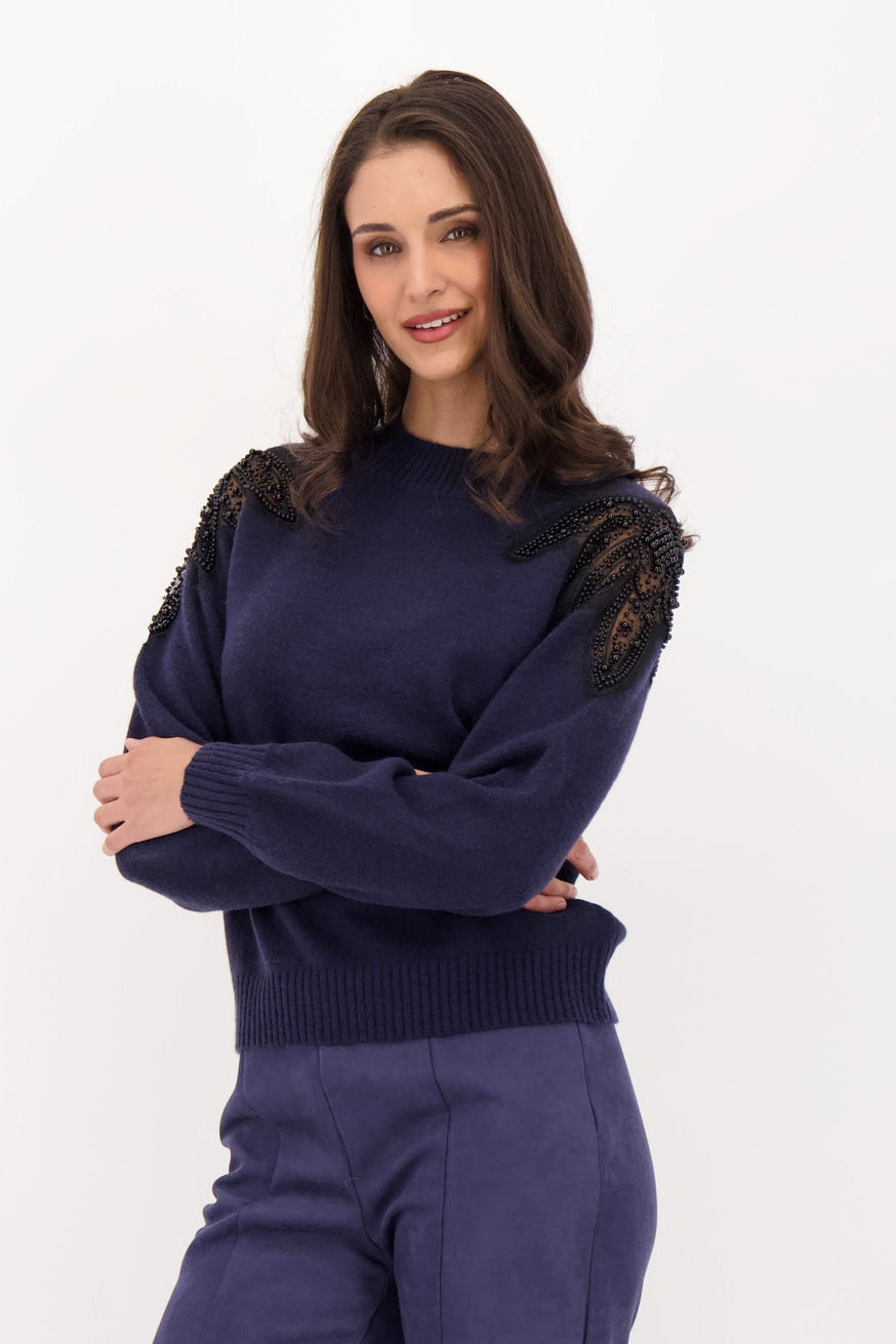 Beaded Shoulder Inlay Floral Chiffon Sweater
