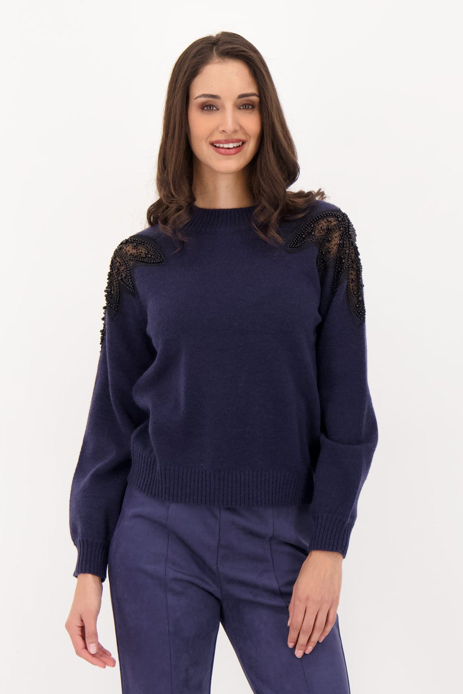 Beaded Shoulder Inlay Floral Chiffon Sweater