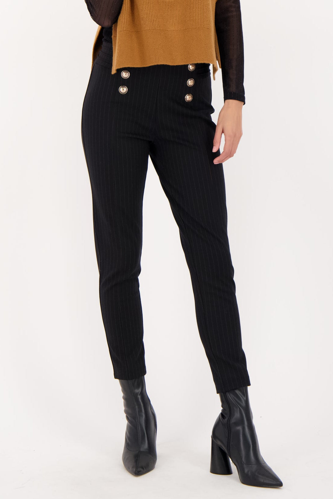 Front Button Fitted Pant With Inner Elastic Waistband