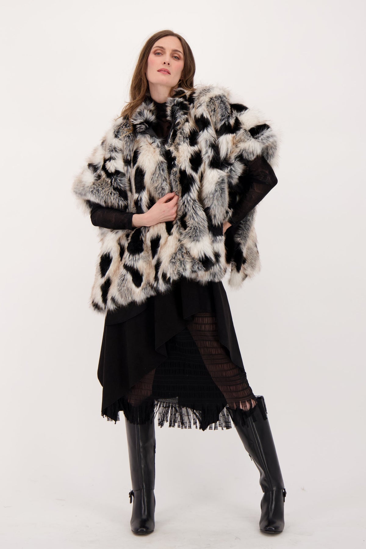 Layered Vegan Sueded Mesh Fringe Skirt