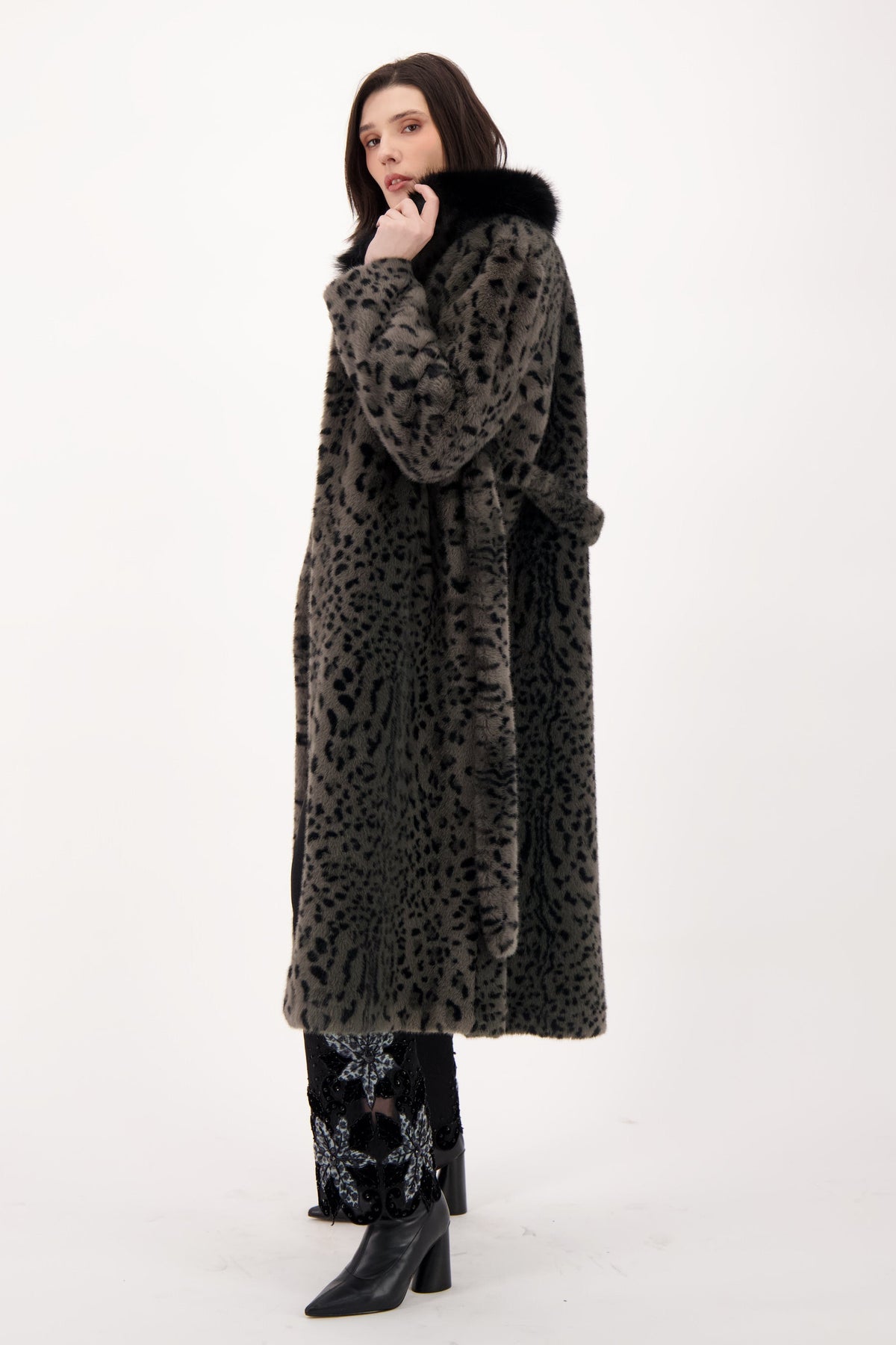 Faux Leopard Belted Coat