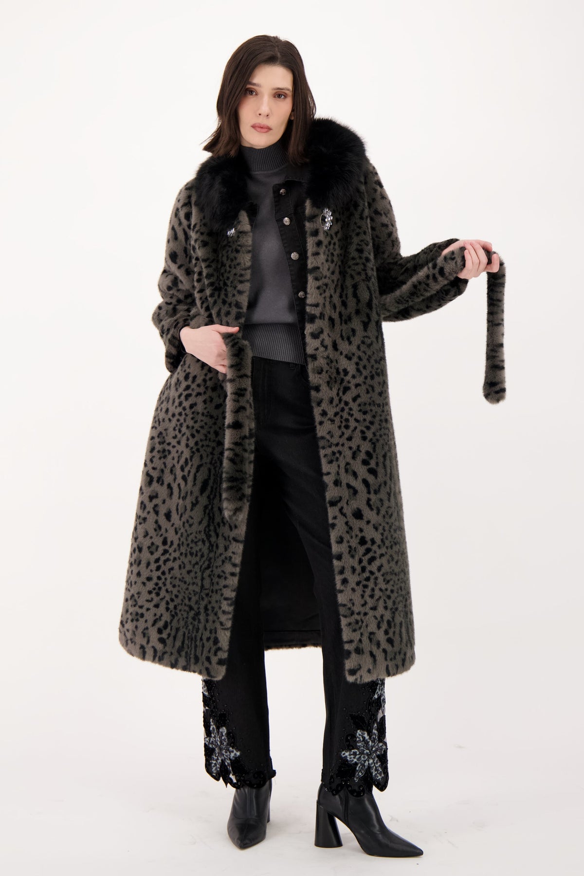 Faux Leopard Belted Coat
