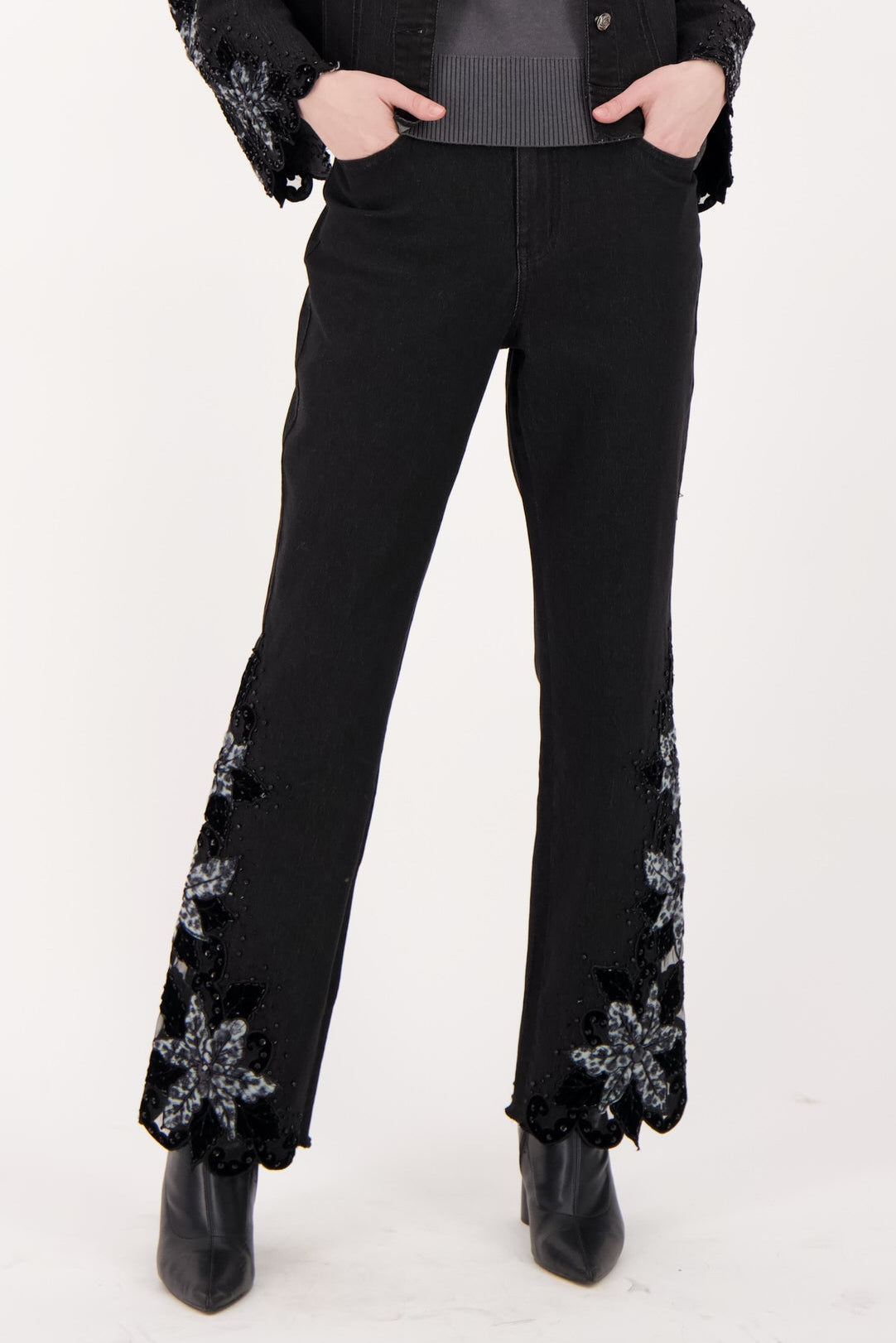Velboa Leopard Cut Out Beaded Inlay Denim Pant
