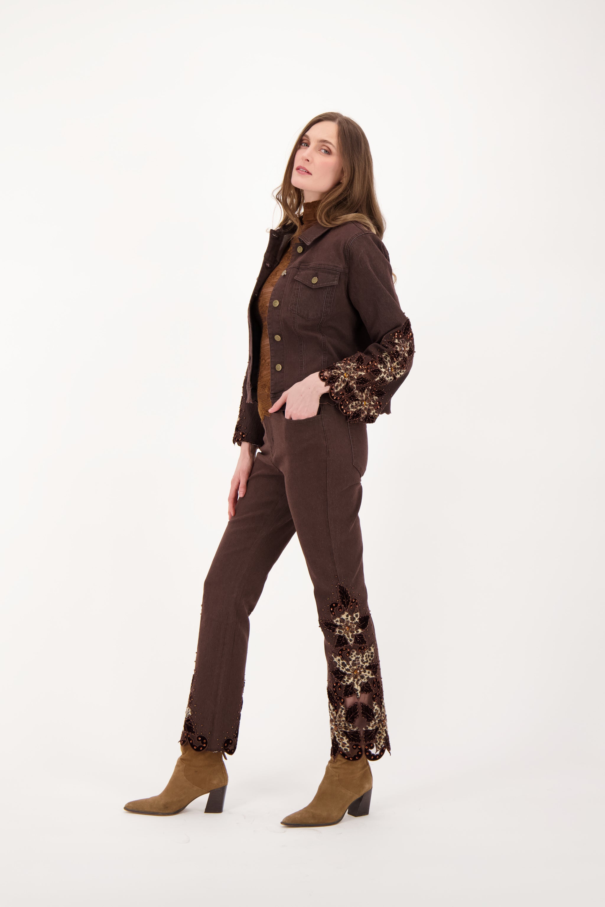 Velboa Leopard Cut Out Beaded Inlay Denim Jacket