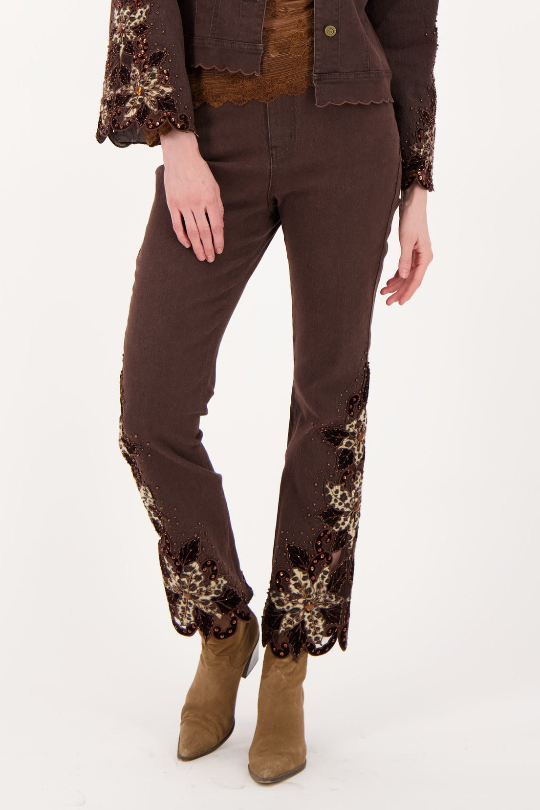 Velboa Leopard Cut Out Beaded Inlay Denim Pant